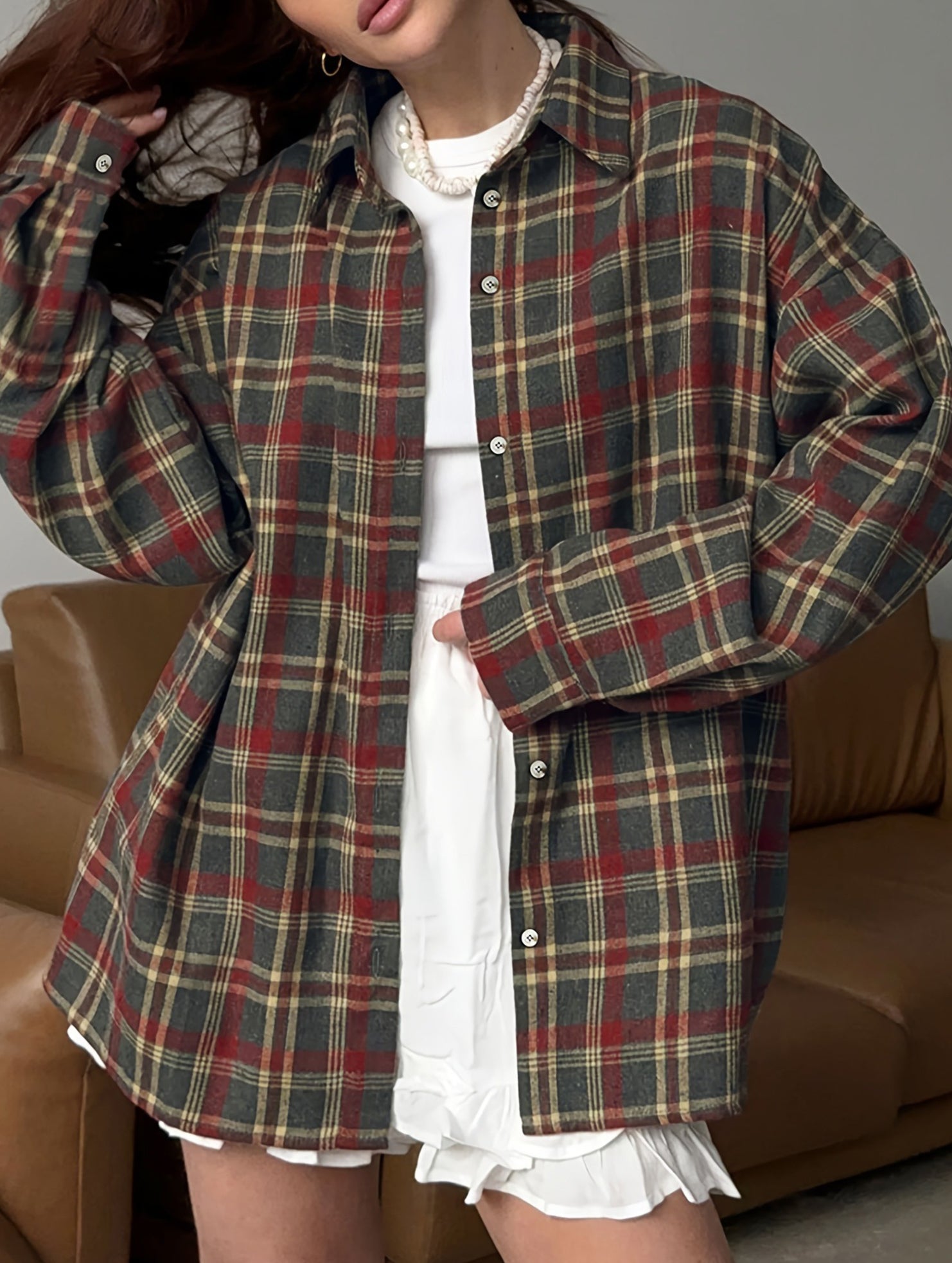 Retro plaid collared long-sleeved cardigan