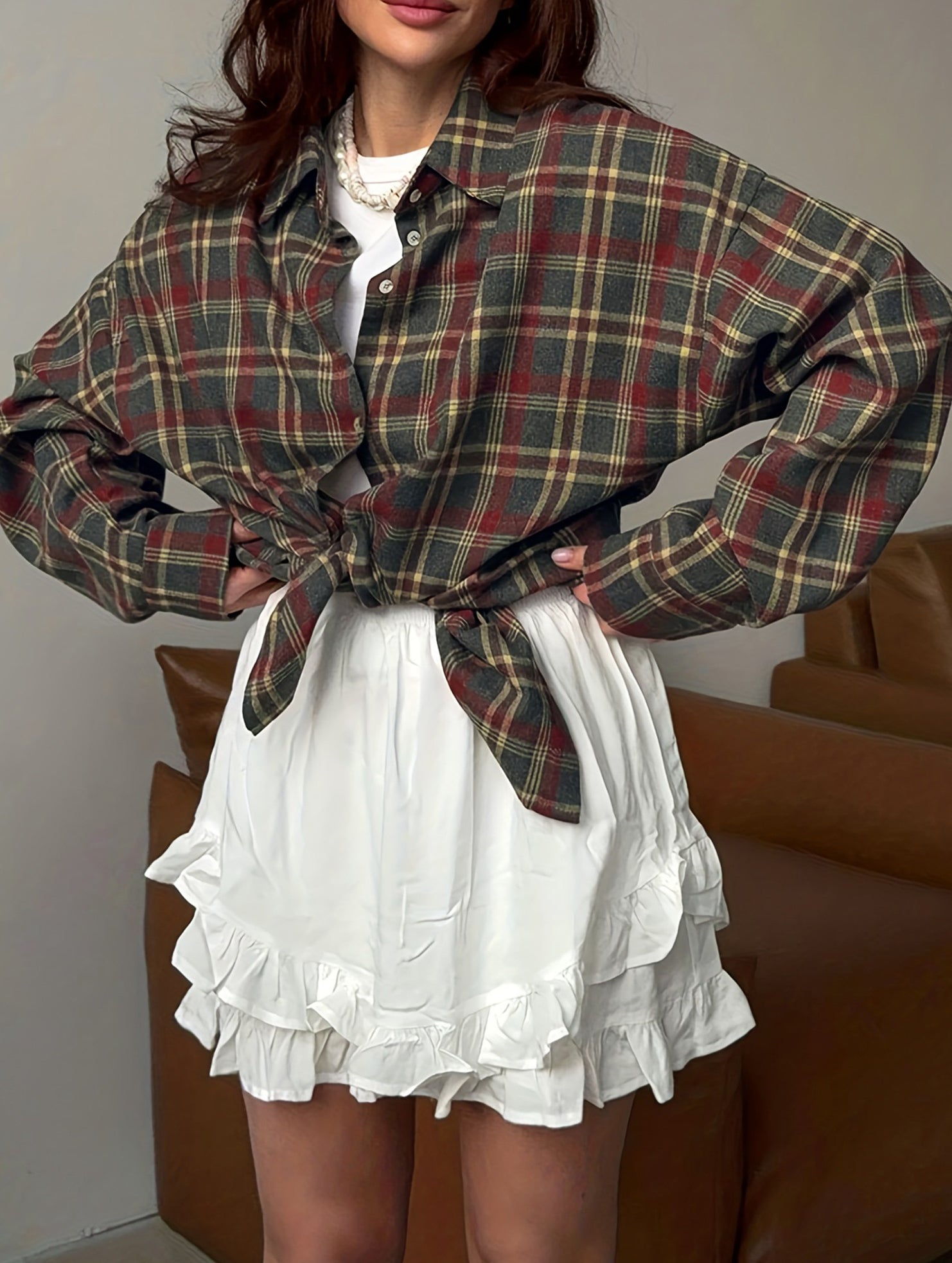 Retro plaid collared long-sleeved cardigan