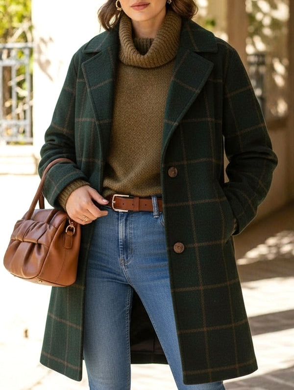 Retro plaid mid-length lapel coat  - DARKGREEN