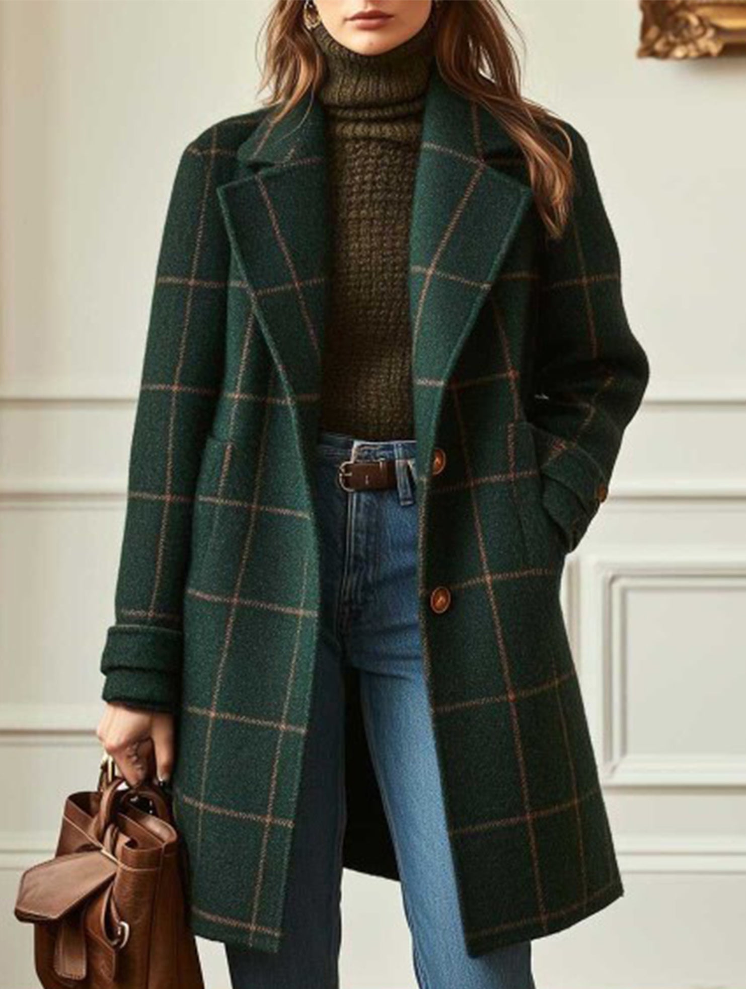 Retro plaid mid-length lapel coat