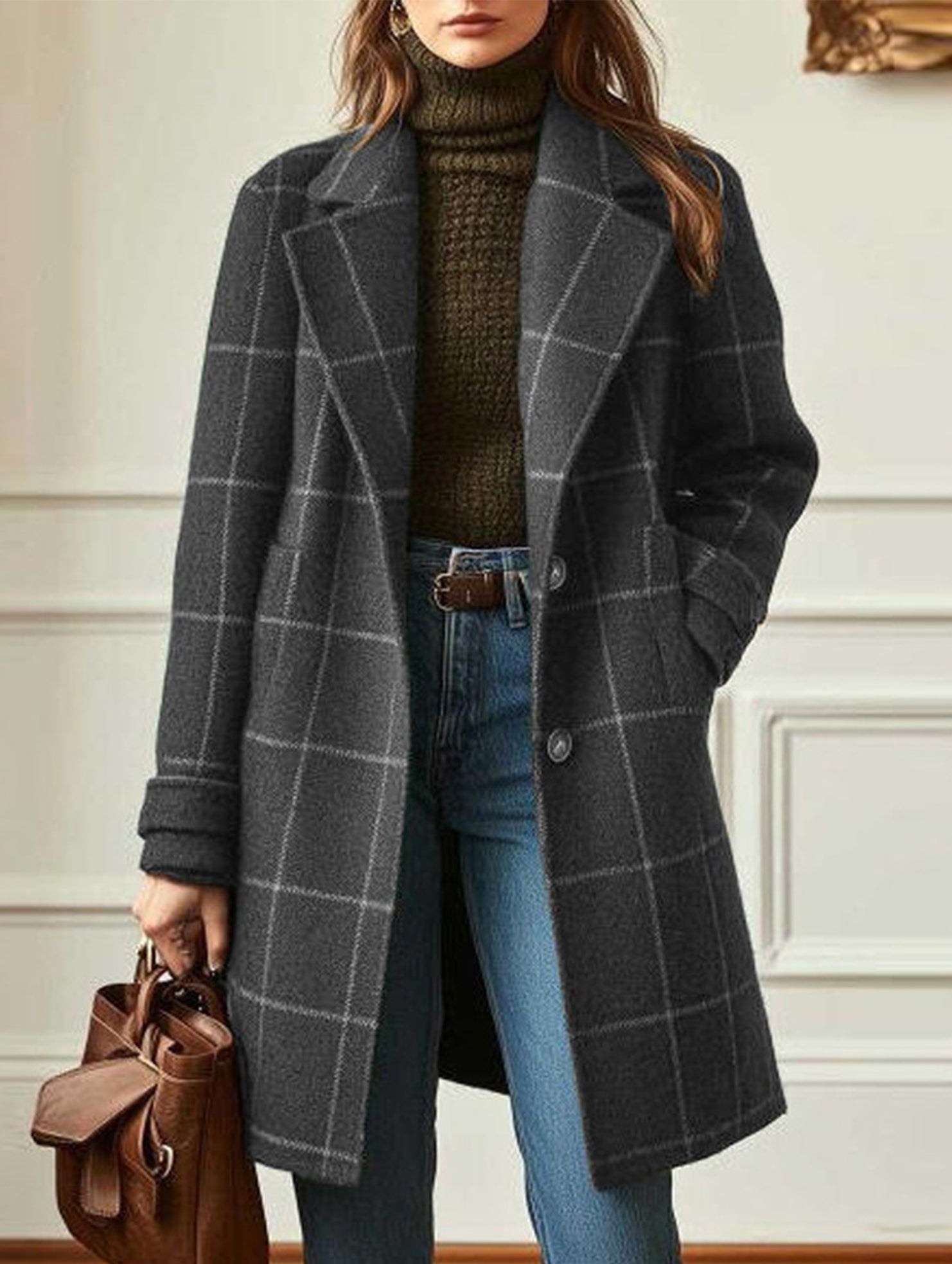Retro plaid mid-length lapel coat