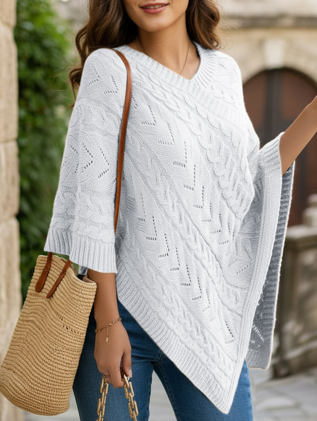 Casual cable knit loose cape sweater cardigan