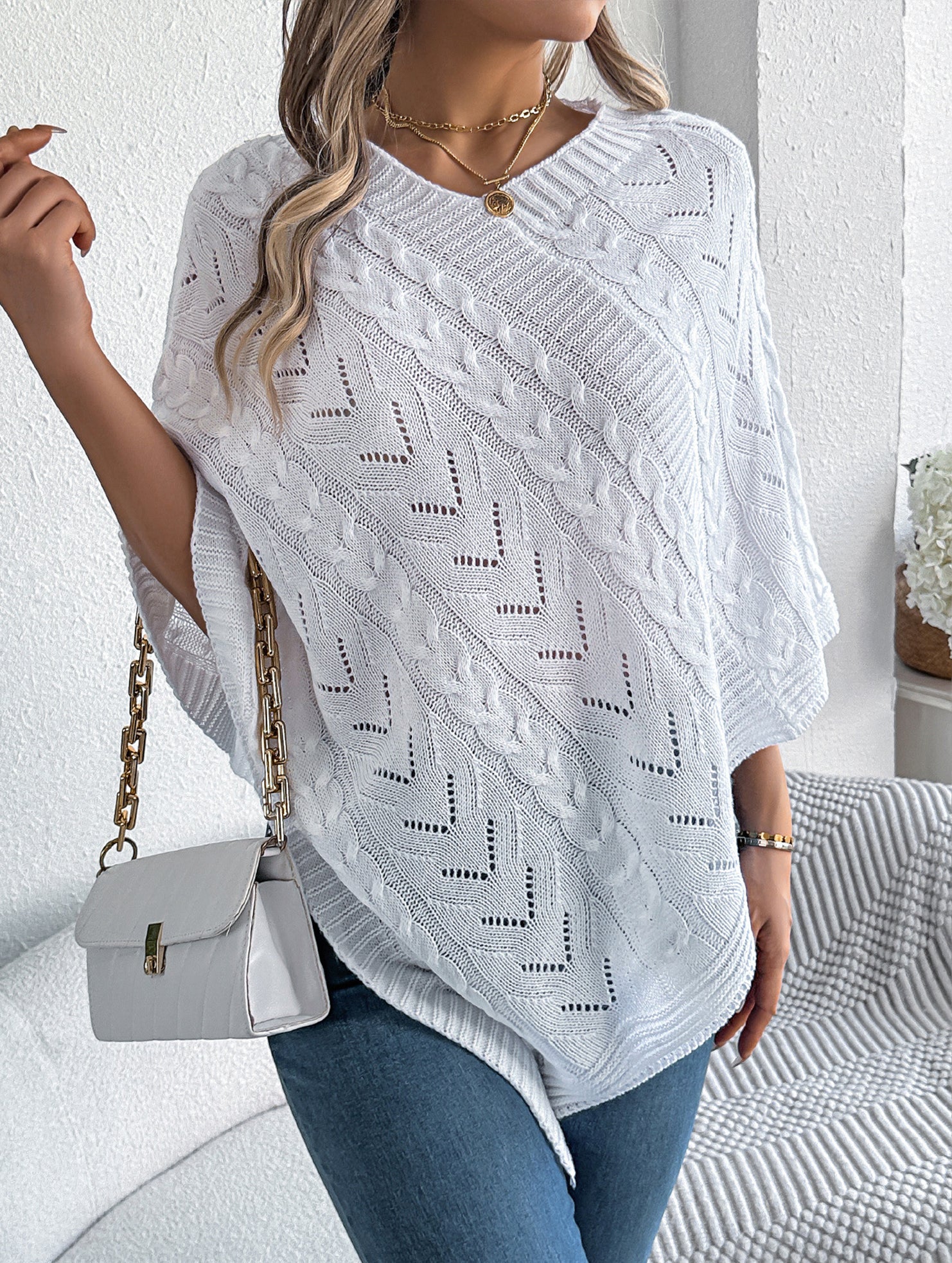 Casual cable knit loose cape sweater cardigan
