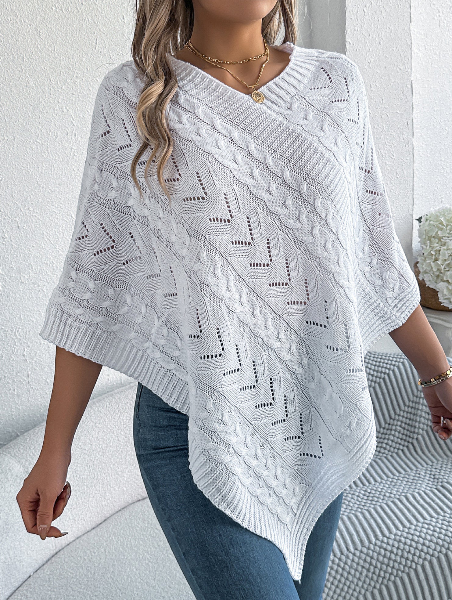 Casual cable knit loose cape sweater cardigan