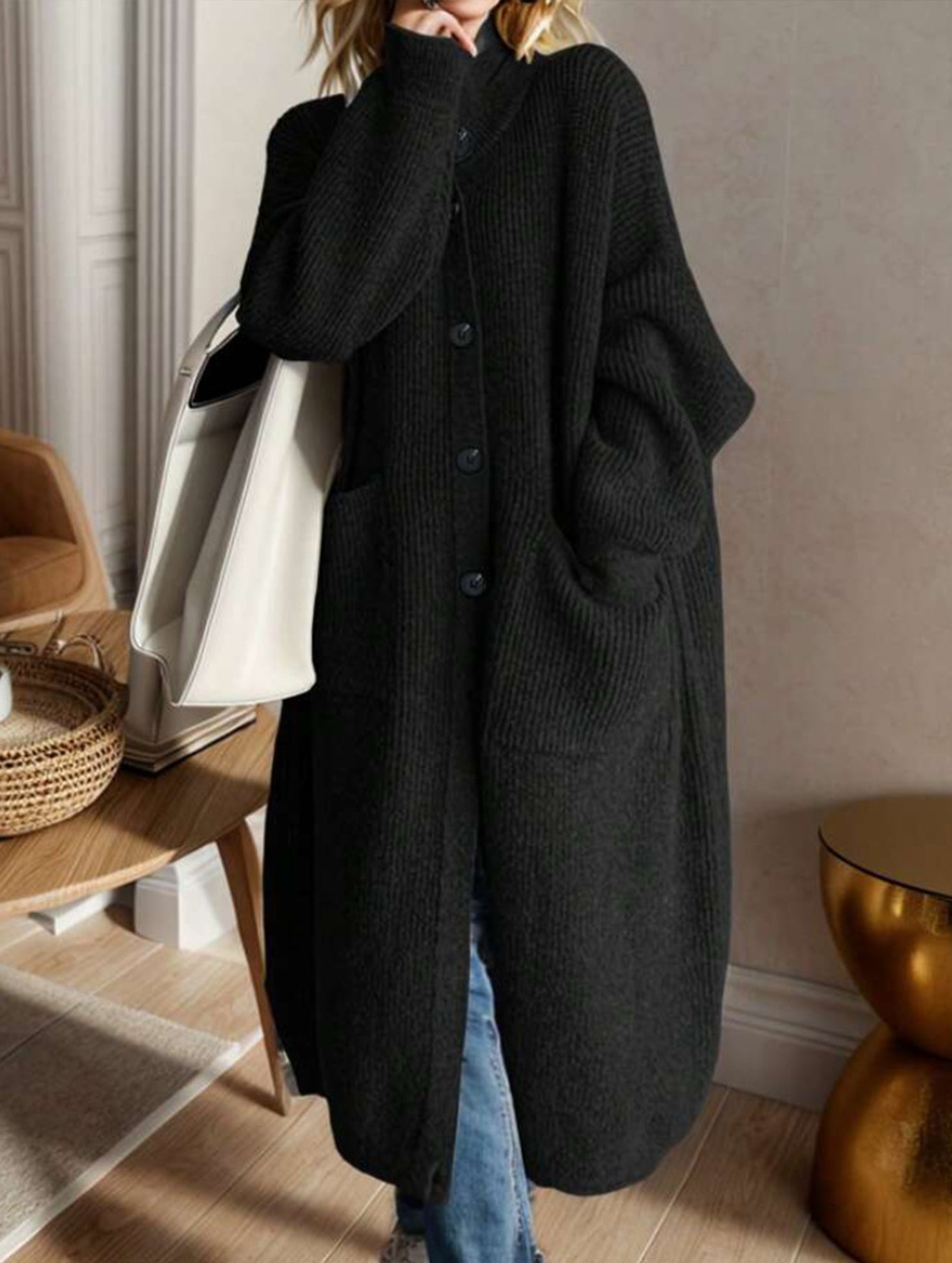 Oversized mid-length knitted cardigan