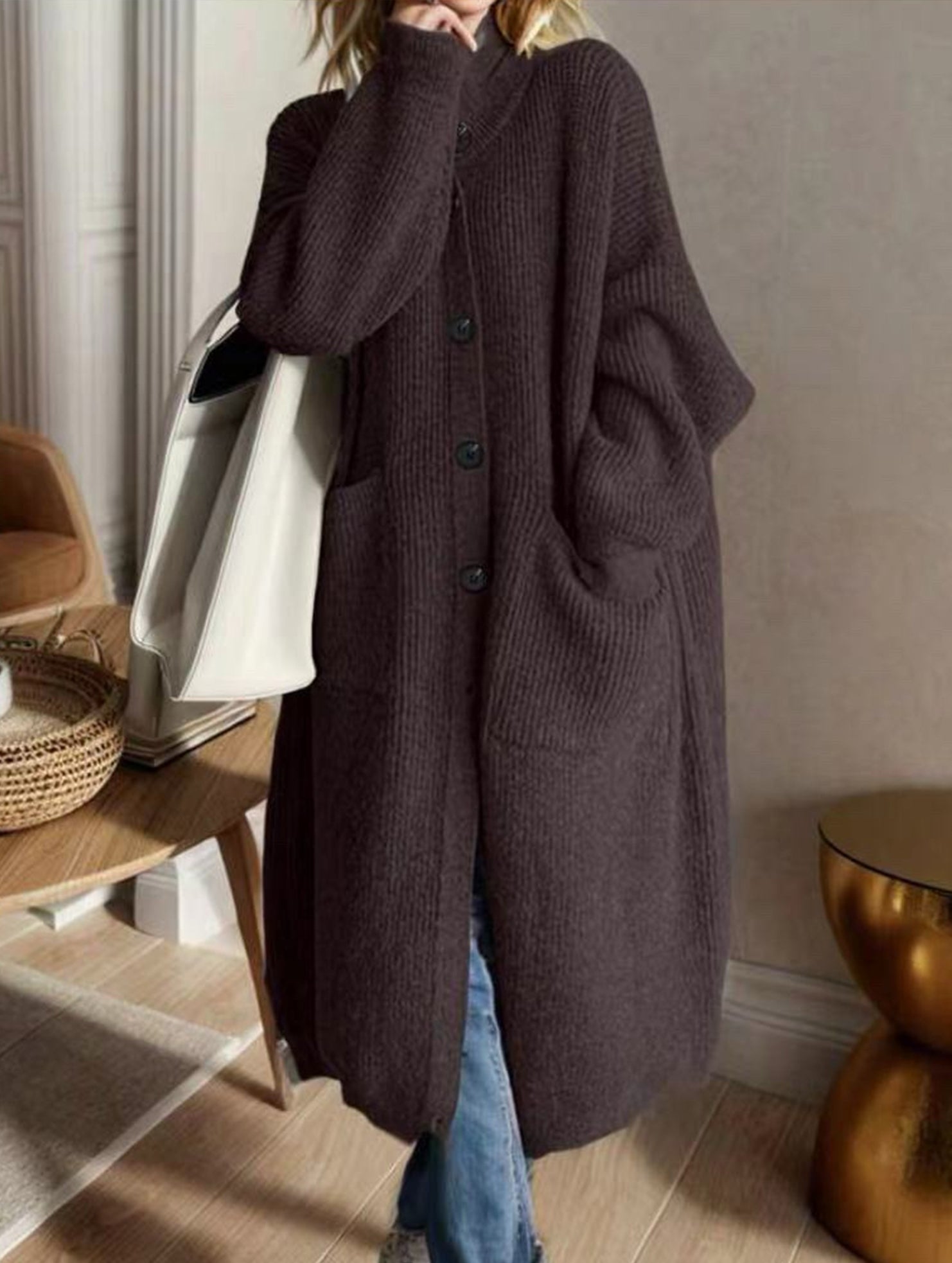 Oversized mid-length knitted cardigan