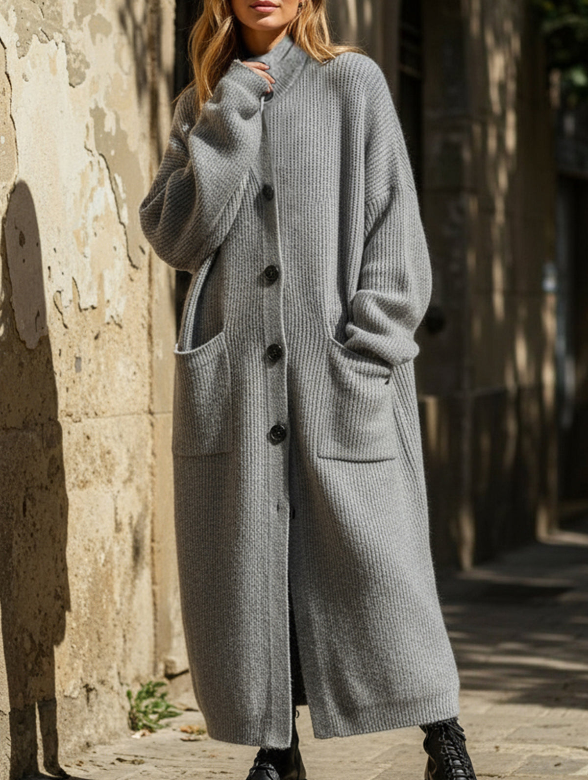 Oversized mid-length knitted cardigan