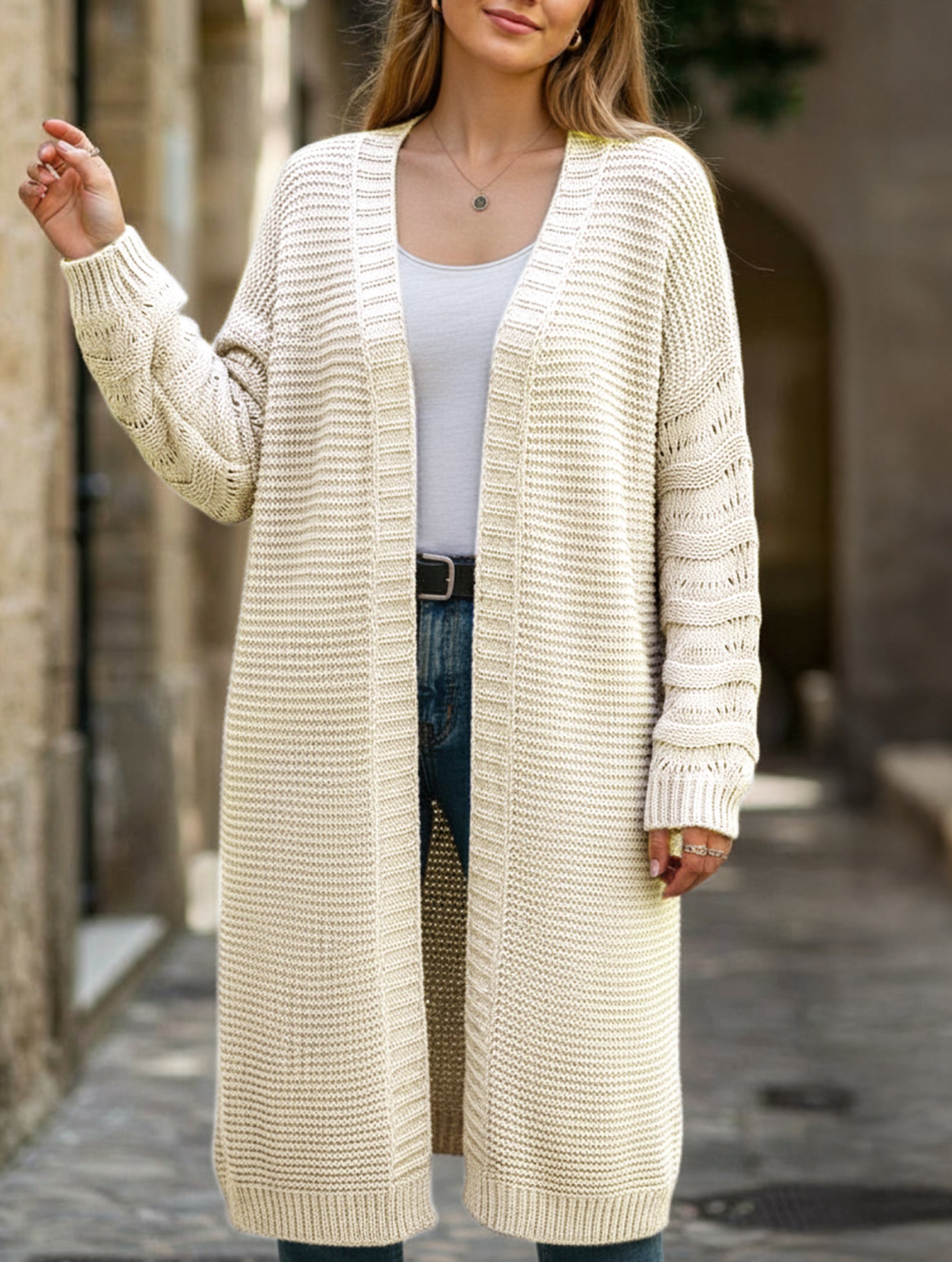 Solid color long knit cardigan