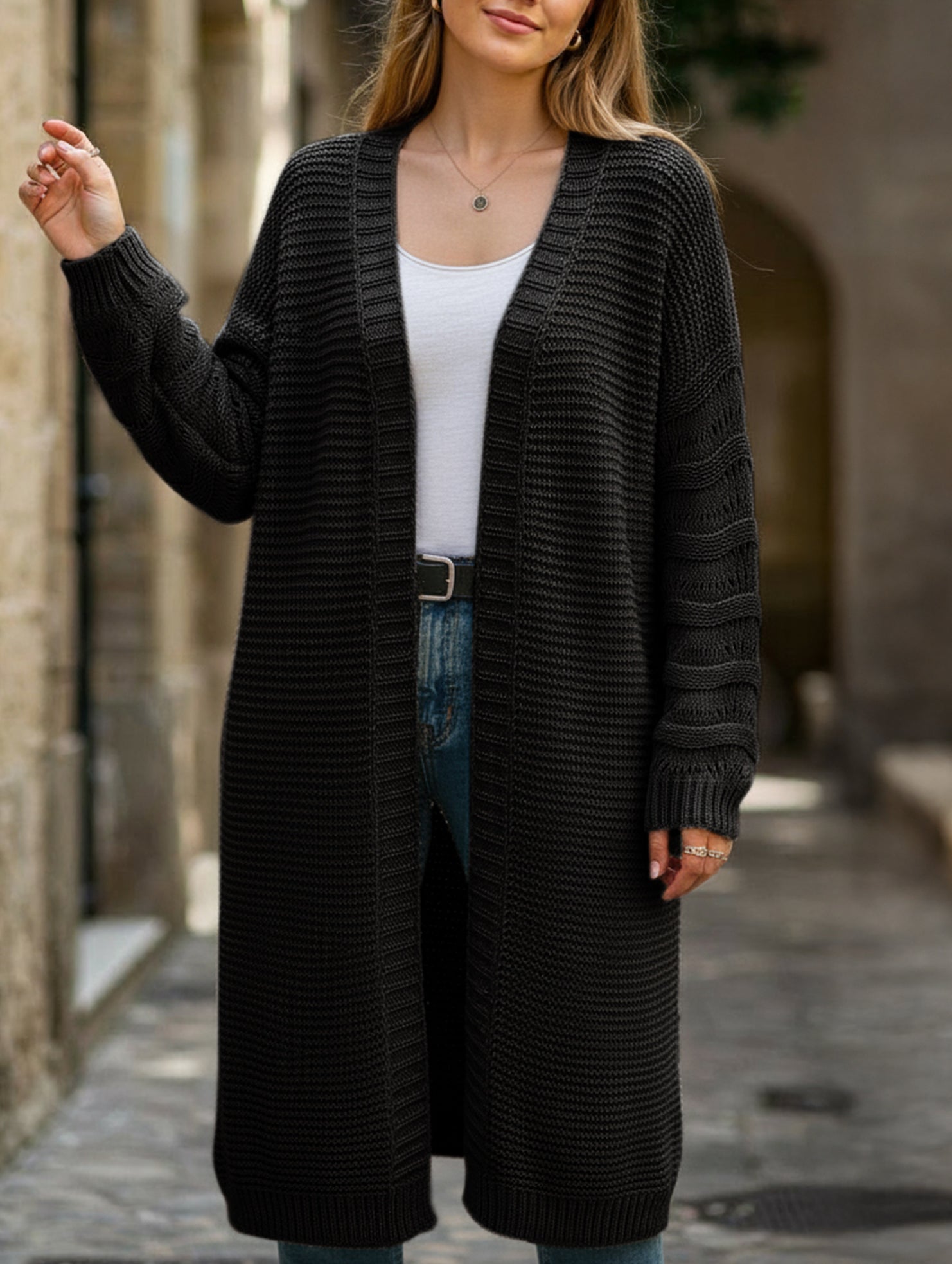 Solid color long knit cardigan