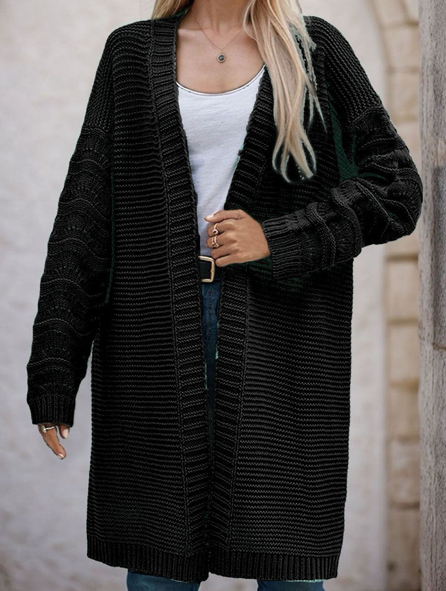 Solid color long knit cardigan