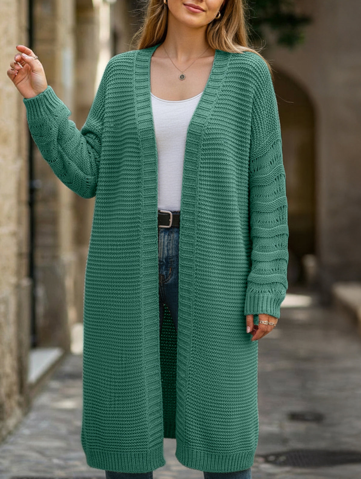 Solid color long knit cardigan