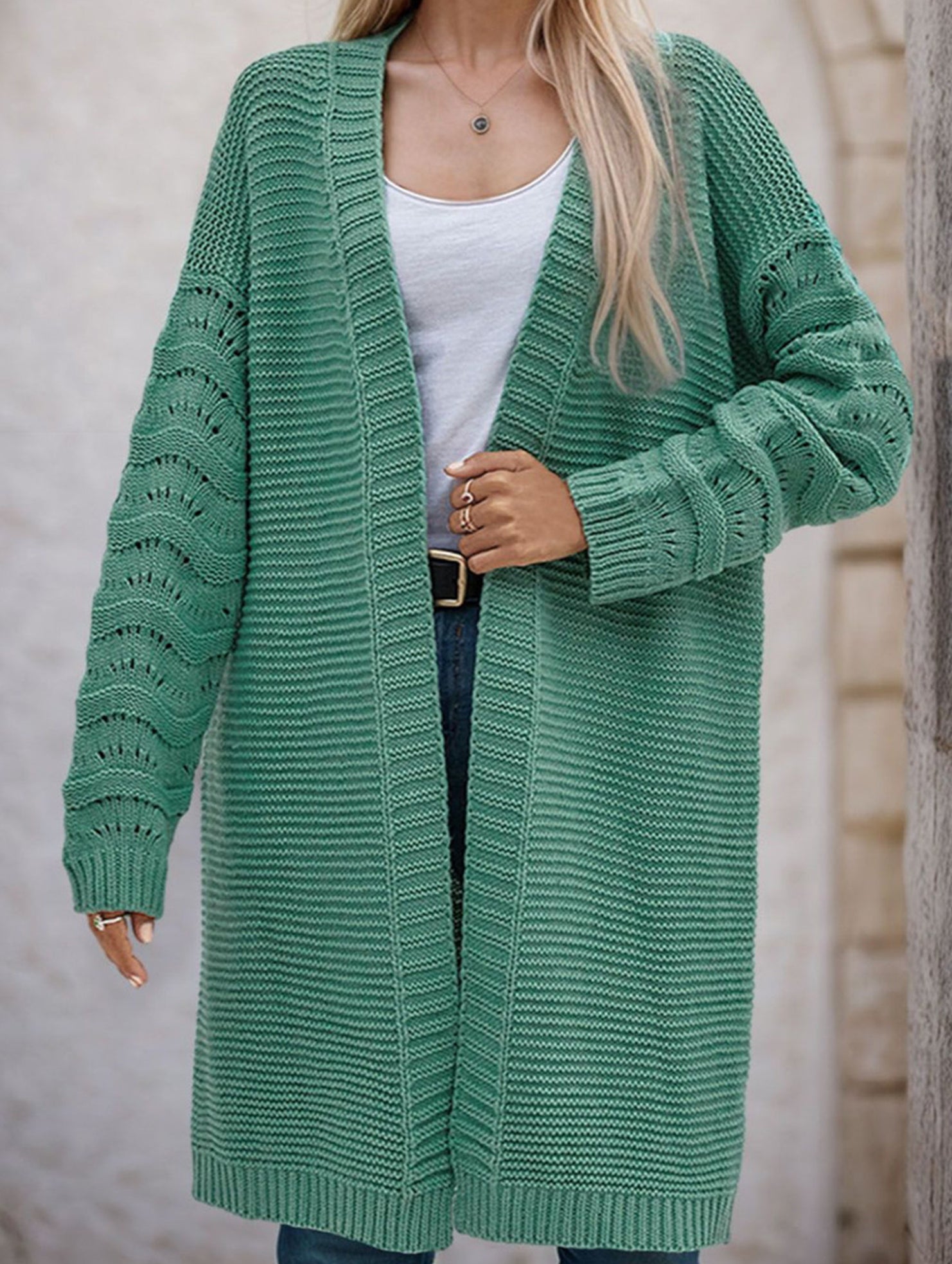 Solid color long knit cardigan