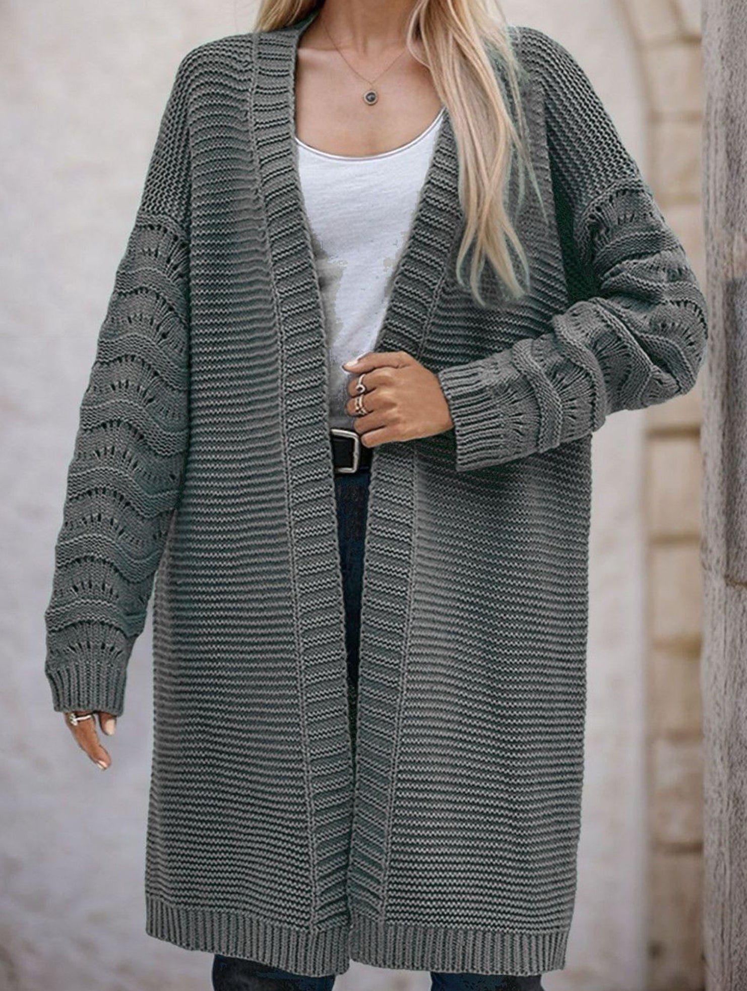 Solid color long knit cardigan