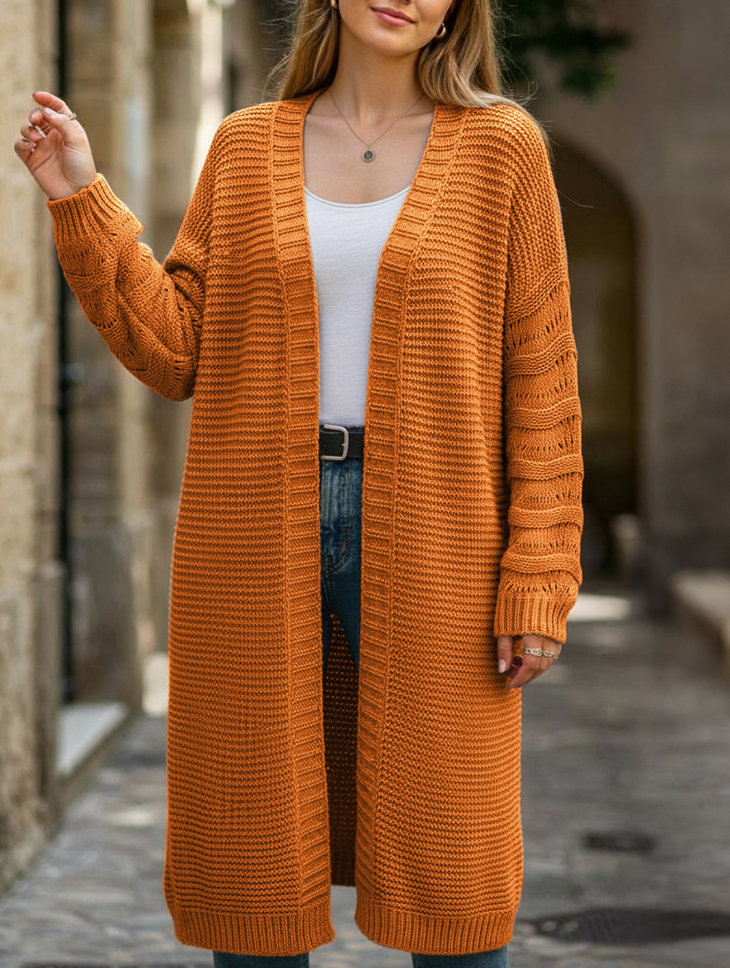 Solid color long knit cardigan