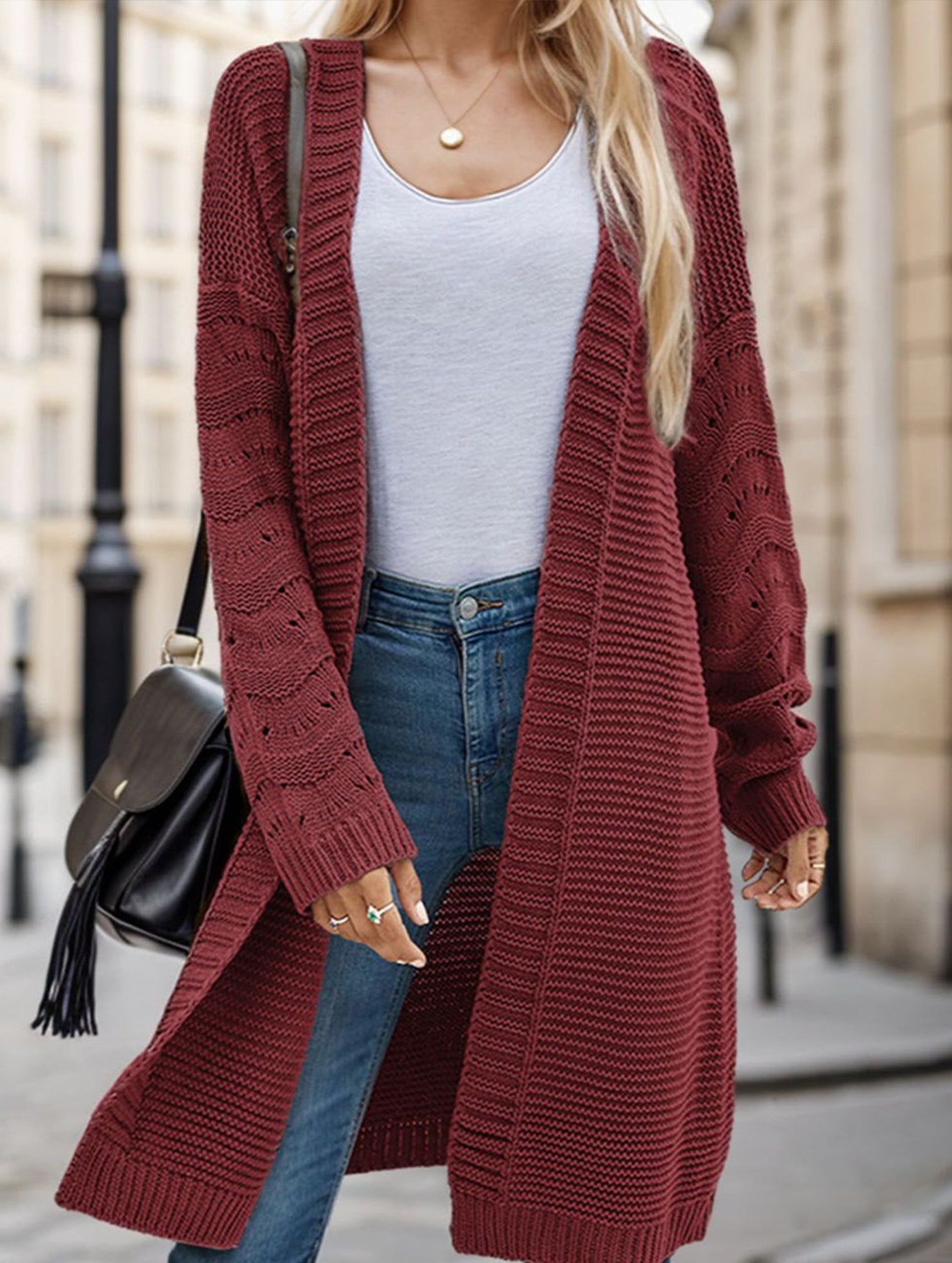 Solid color long knit cardigan