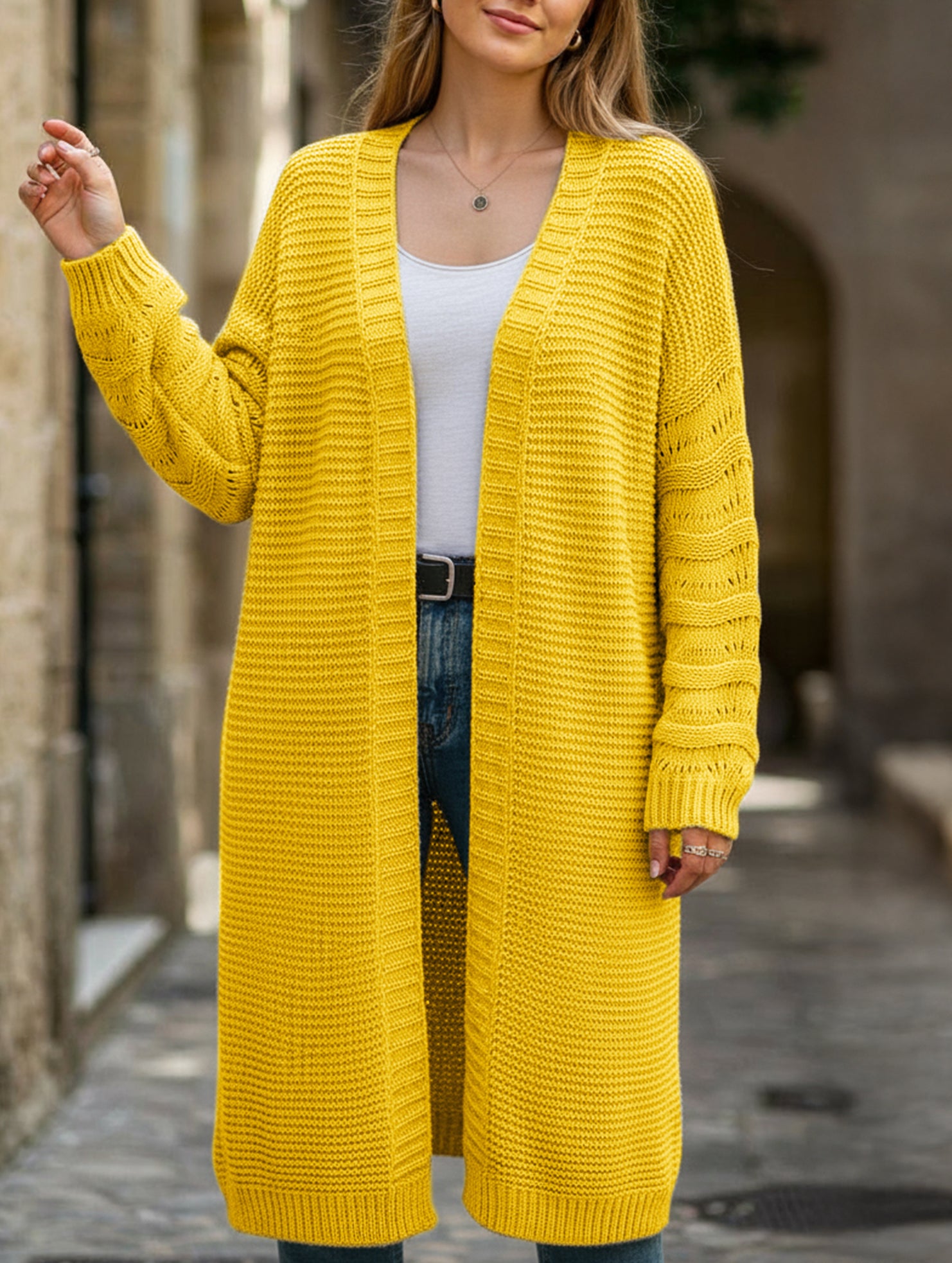 Solid color long knit cardigan