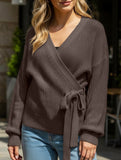 V-neck fitted waist belted knit cardigan