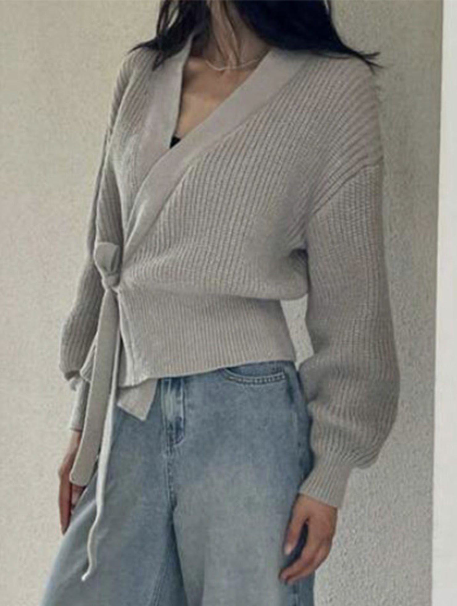 V-neck fitted waist belted knit cardigan