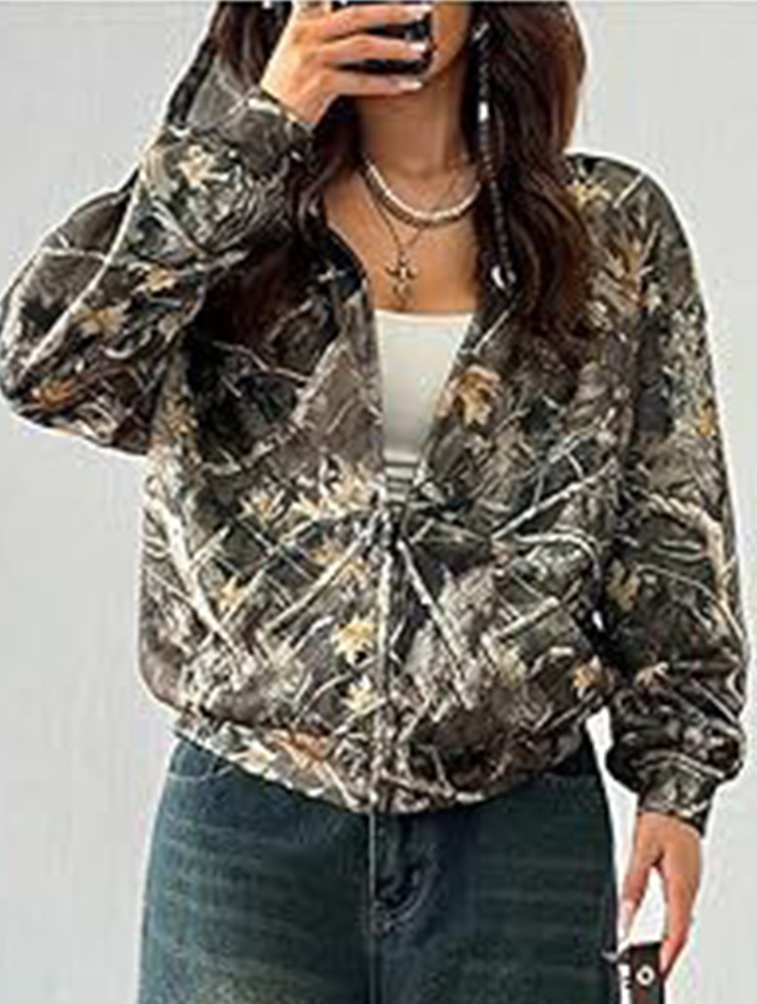 Casual zip-up camouflage print hooded jacket