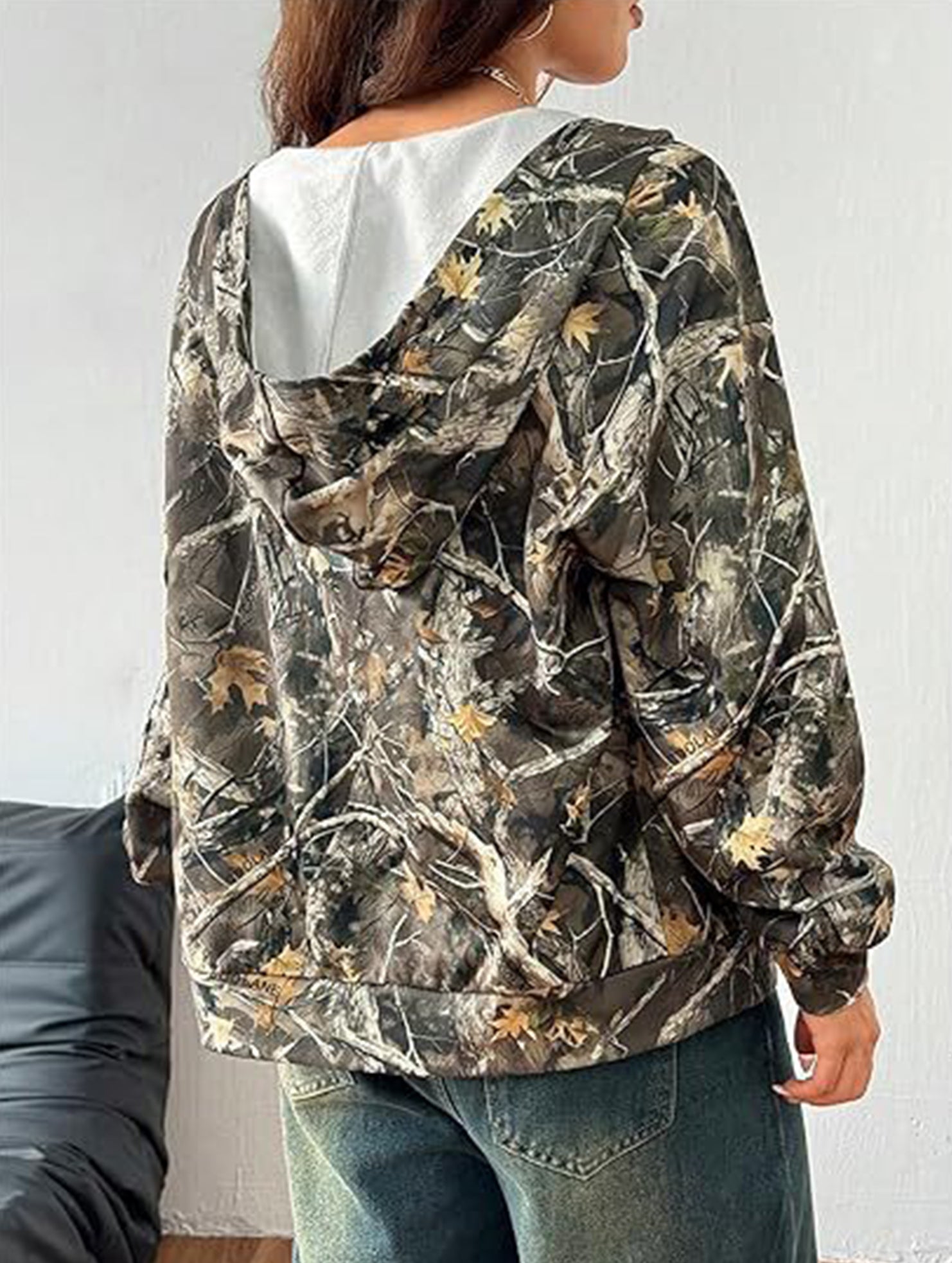 Casual zip-up camouflage print hooded jacket