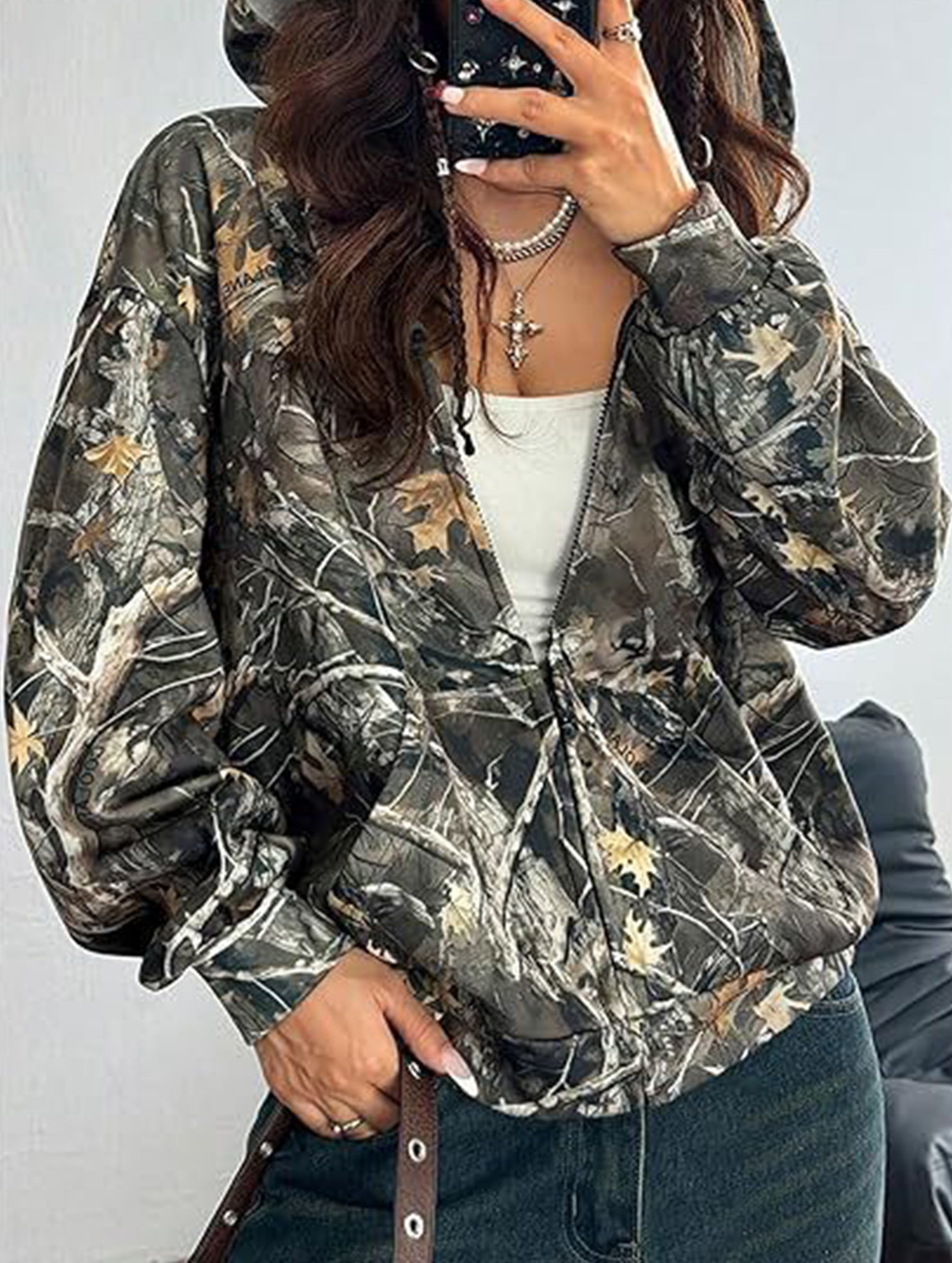 Casual zip-up camouflage print hooded jacket