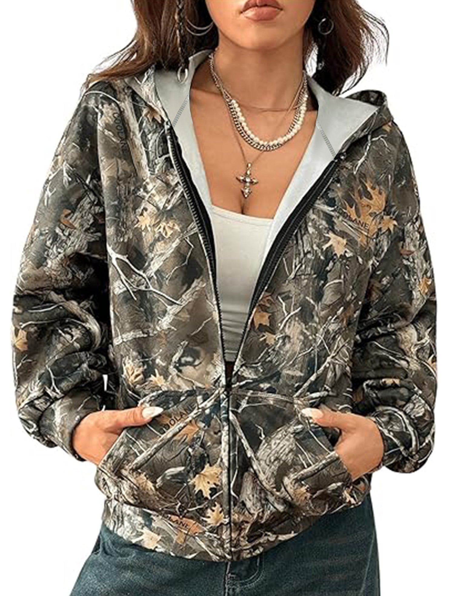 Casual zip-up camouflage print hooded jacket