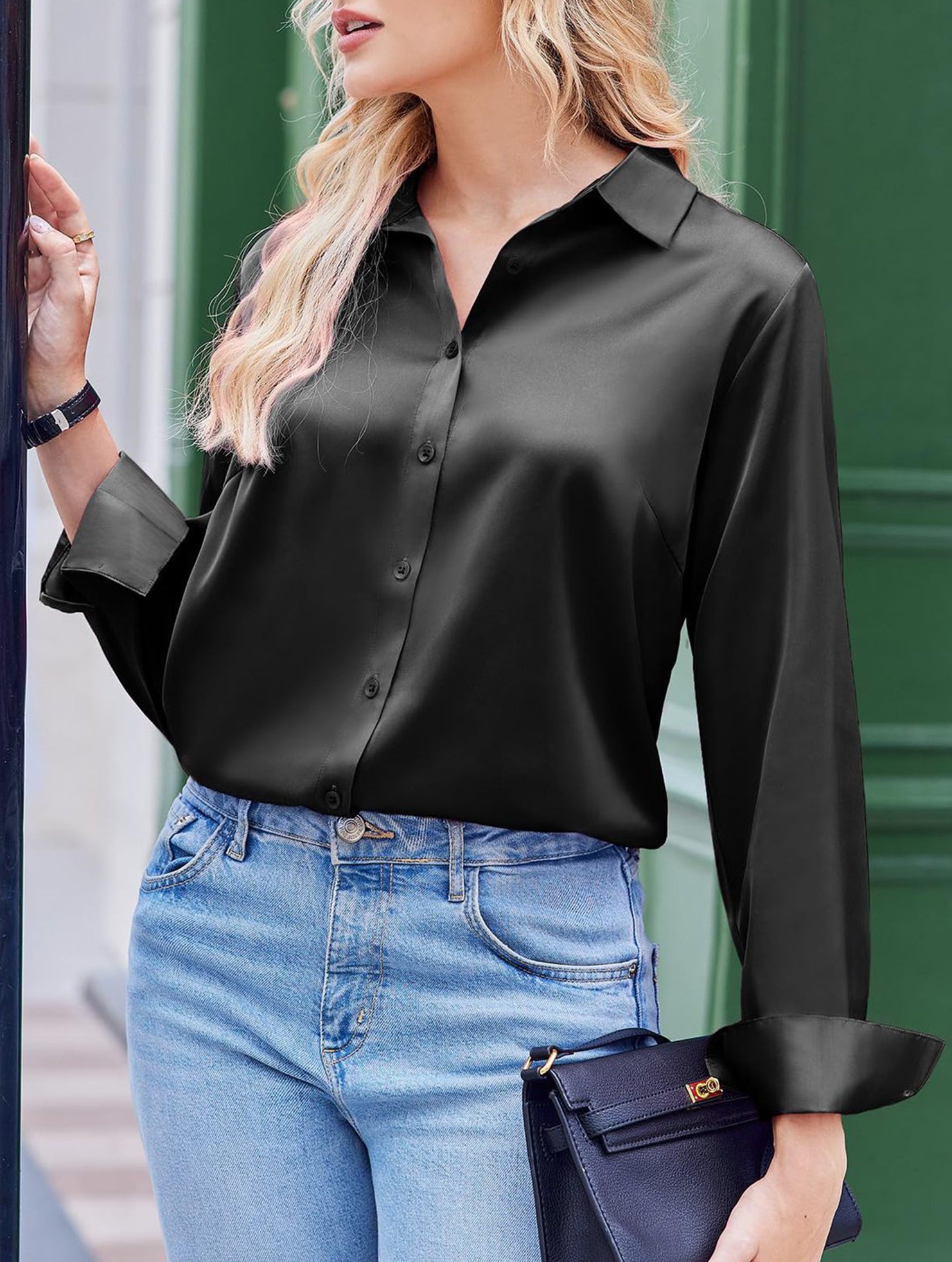 Casual long-sleeved satin shirt