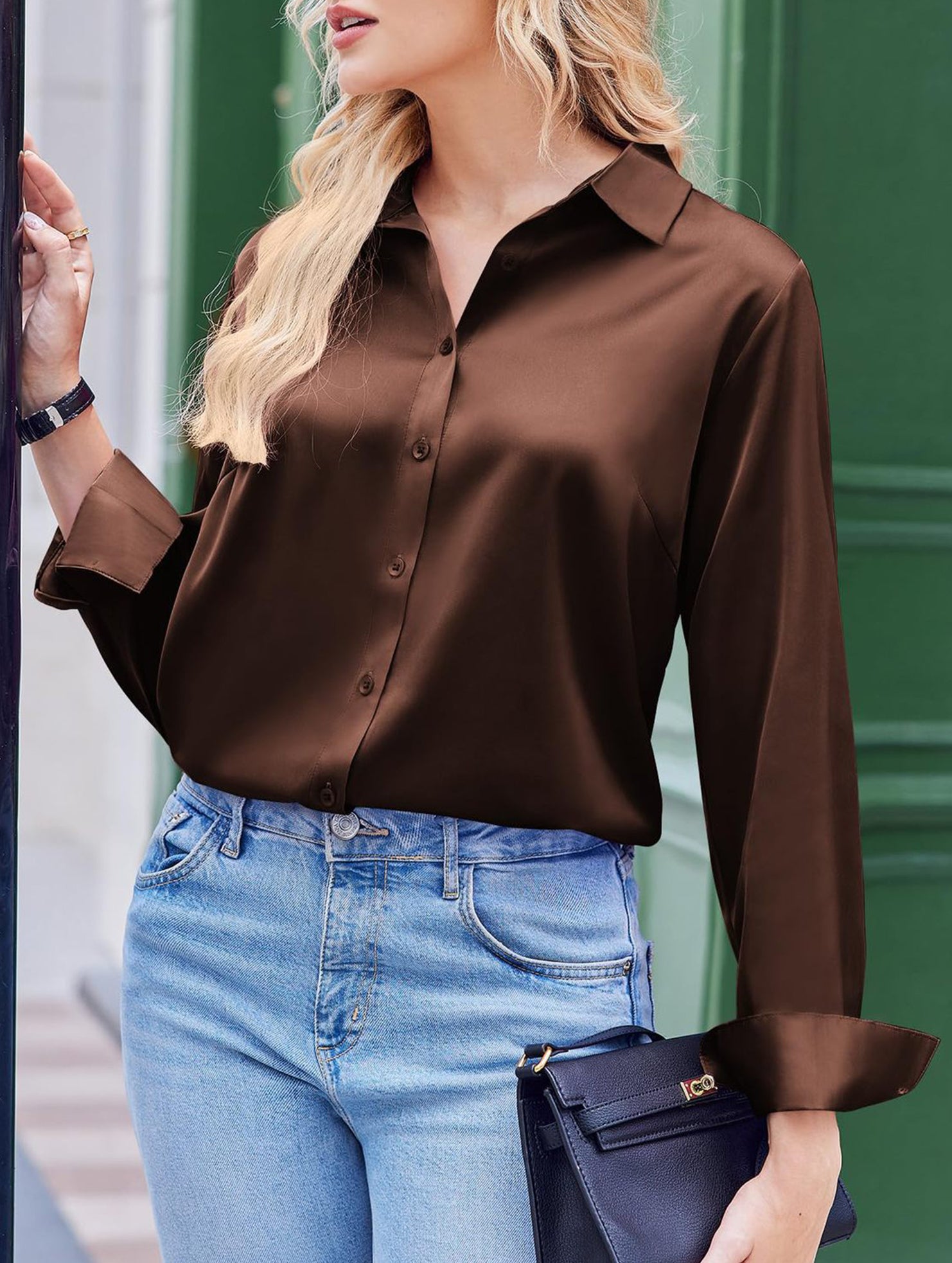 Casual long-sleeved satin shirt