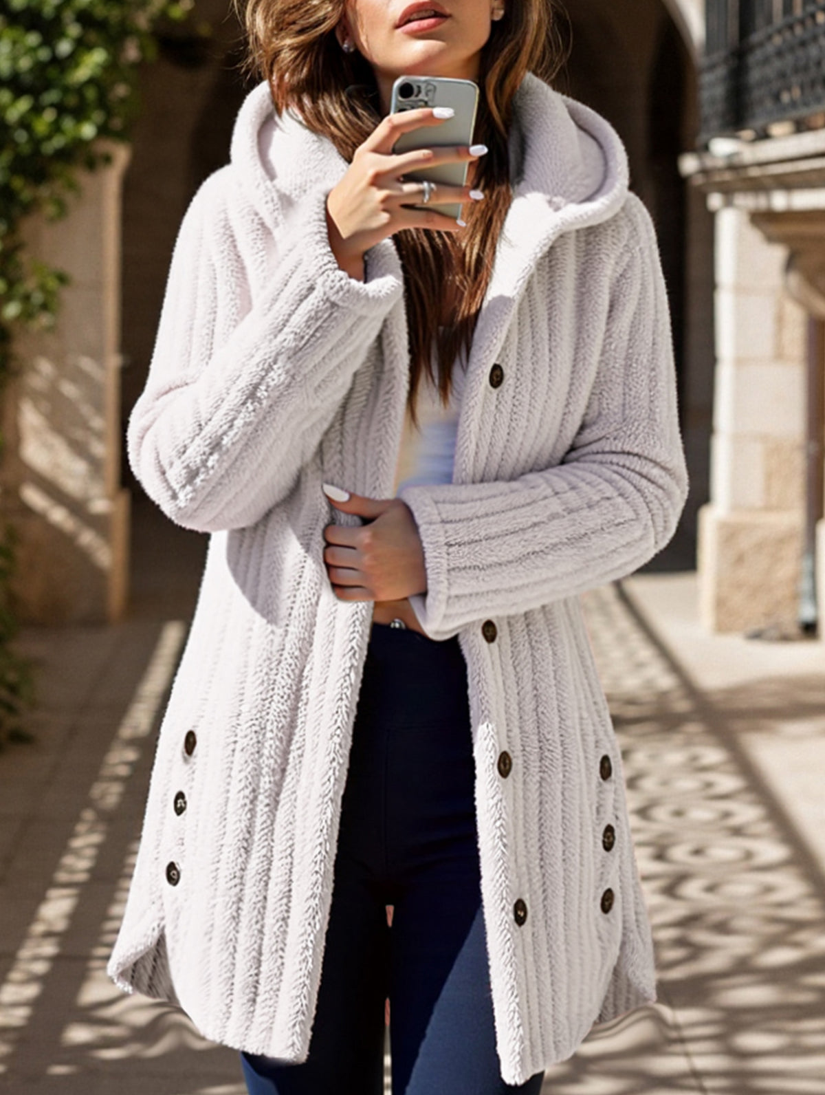 Solid color long-sleeved hooded loose jacket