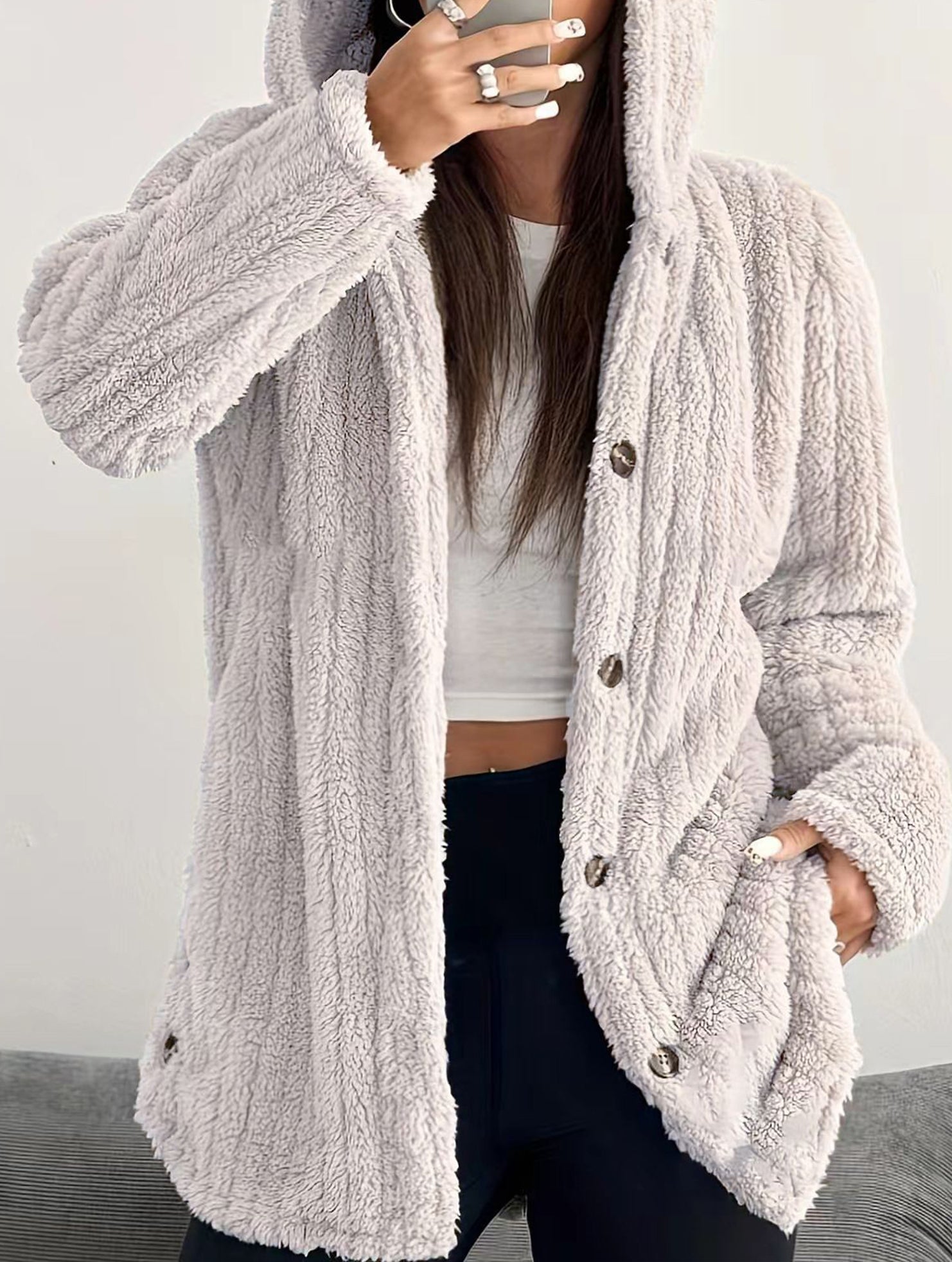 Solid color long-sleeved hooded loose jacket