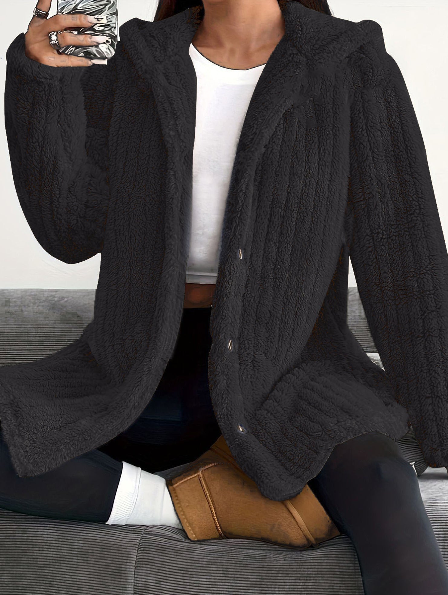 Solid color long-sleeved hooded loose jacket