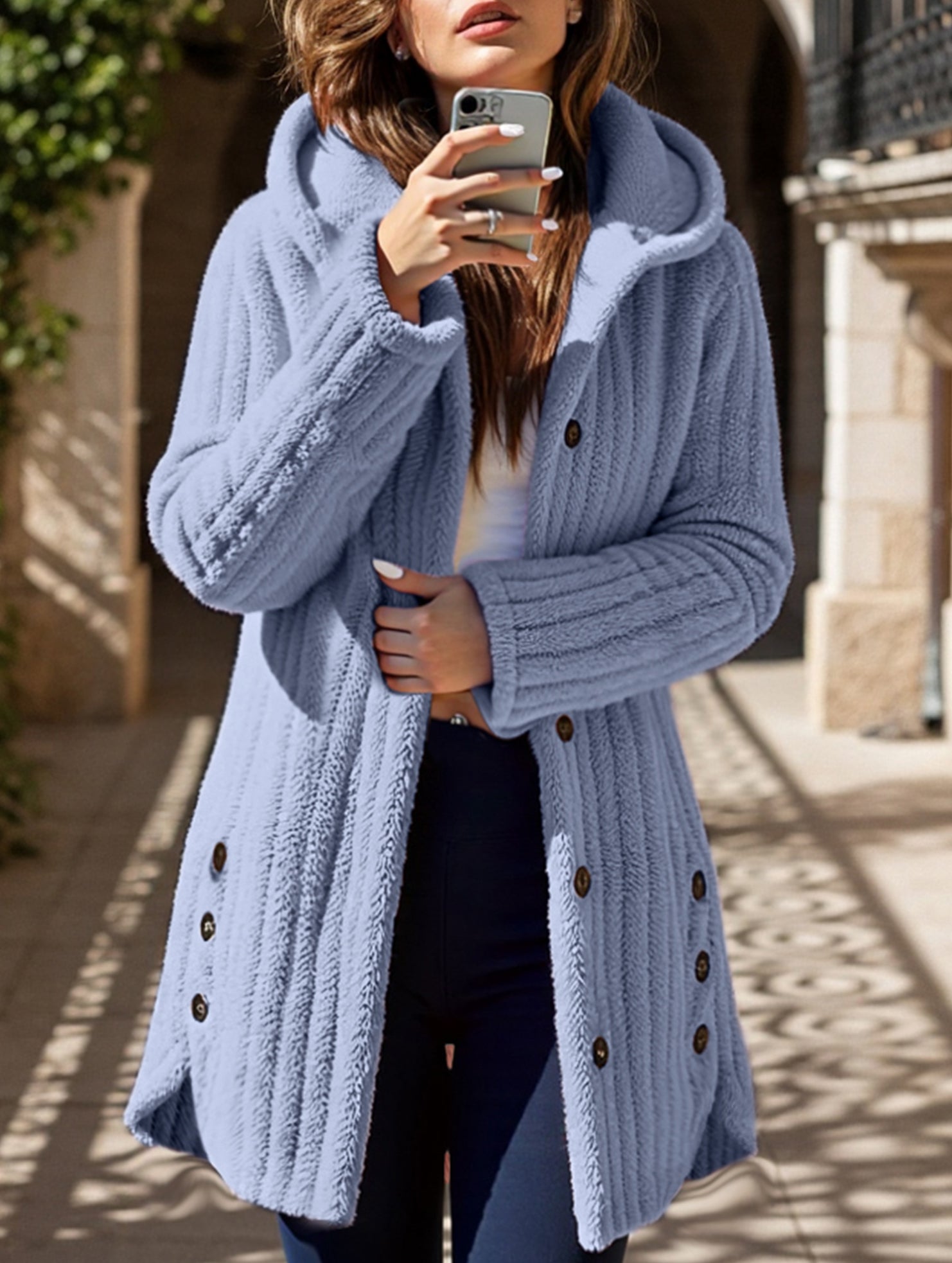 Solid color long-sleeved hooded loose jacket