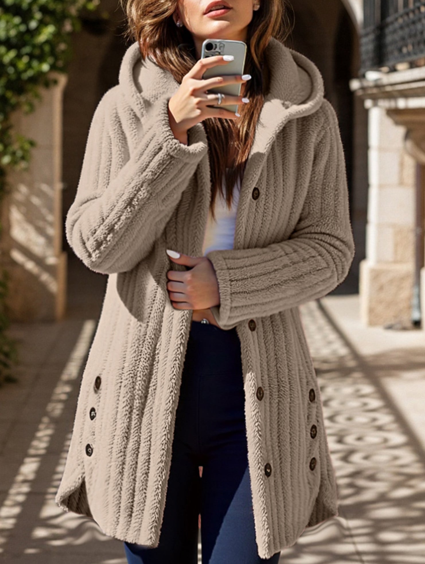 Solid color long-sleeved hooded loose jacket