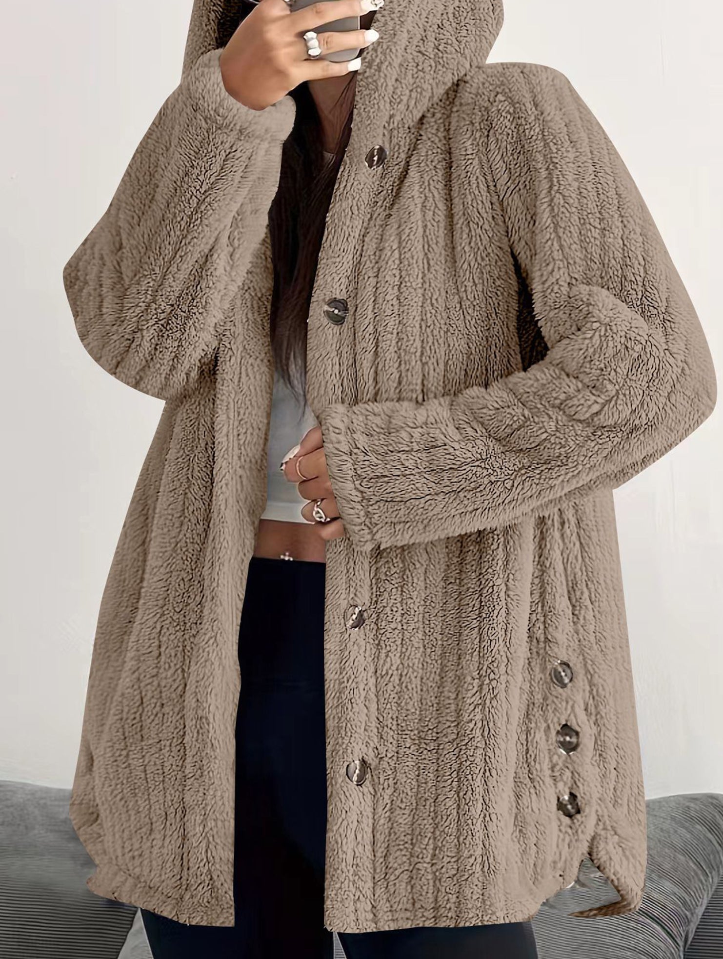 Solid color long-sleeved hooded loose jacket