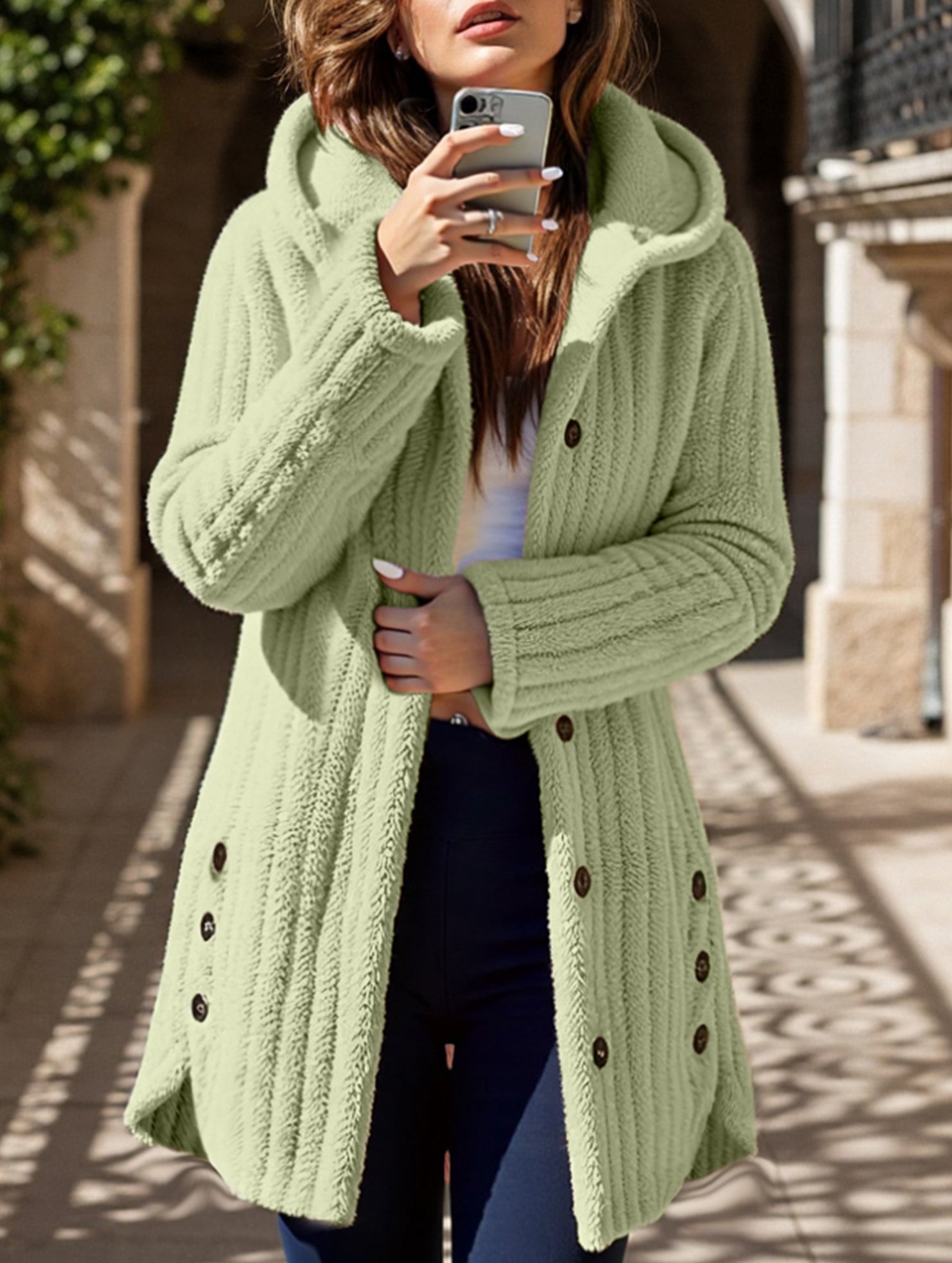 Solid color long-sleeved hooded loose jacket