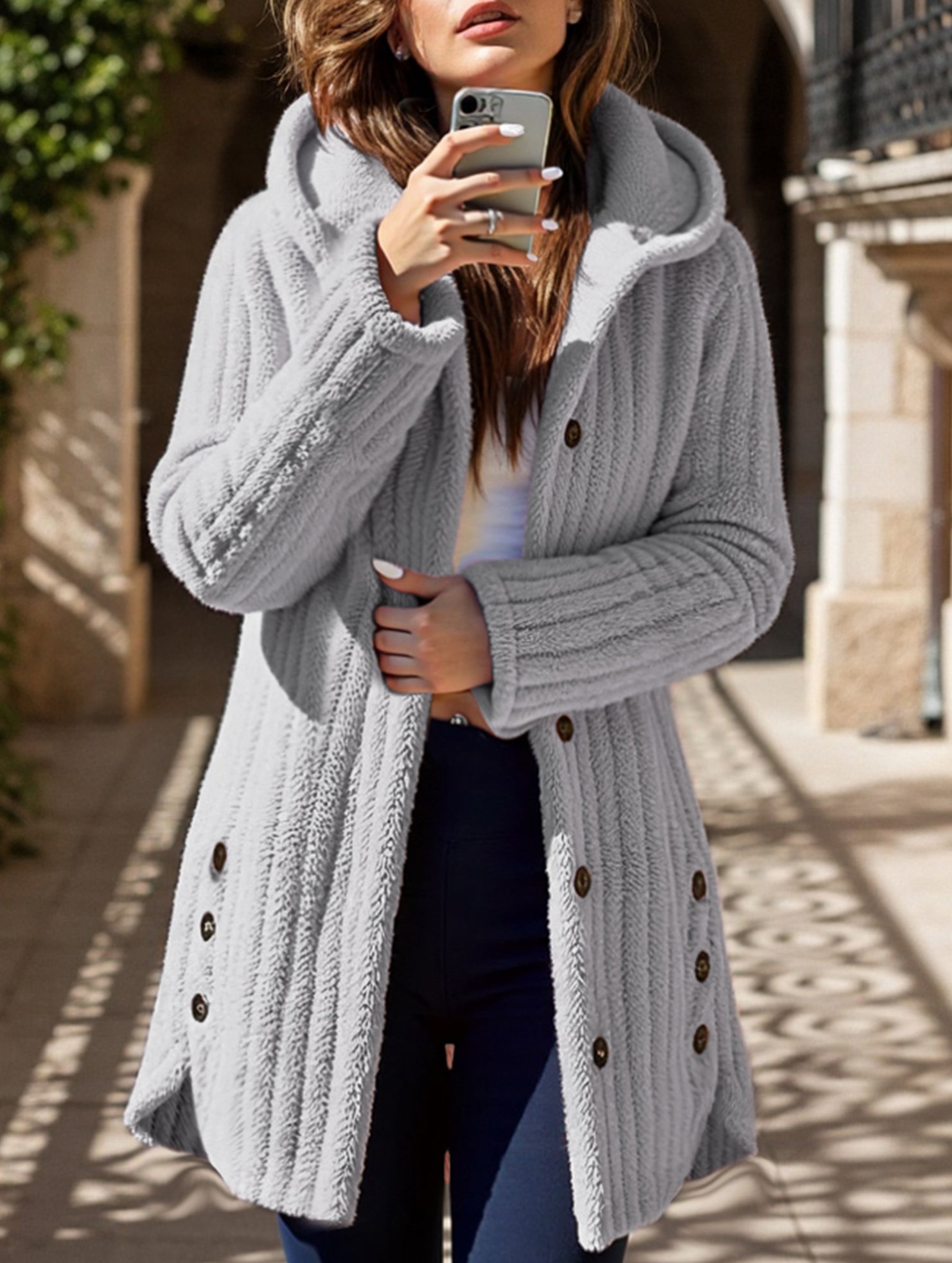 Solid color long-sleeved hooded loose jacket