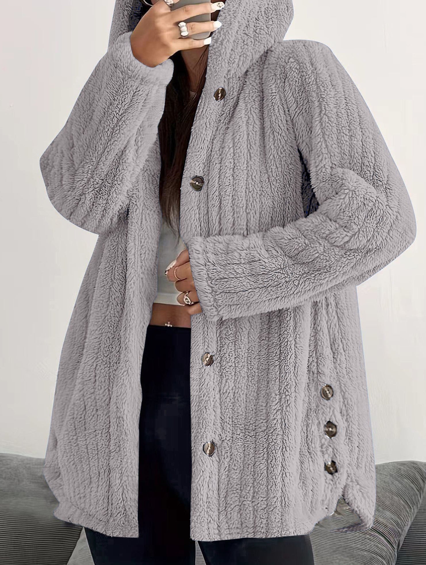 Solid color long-sleeved hooded loose jacket