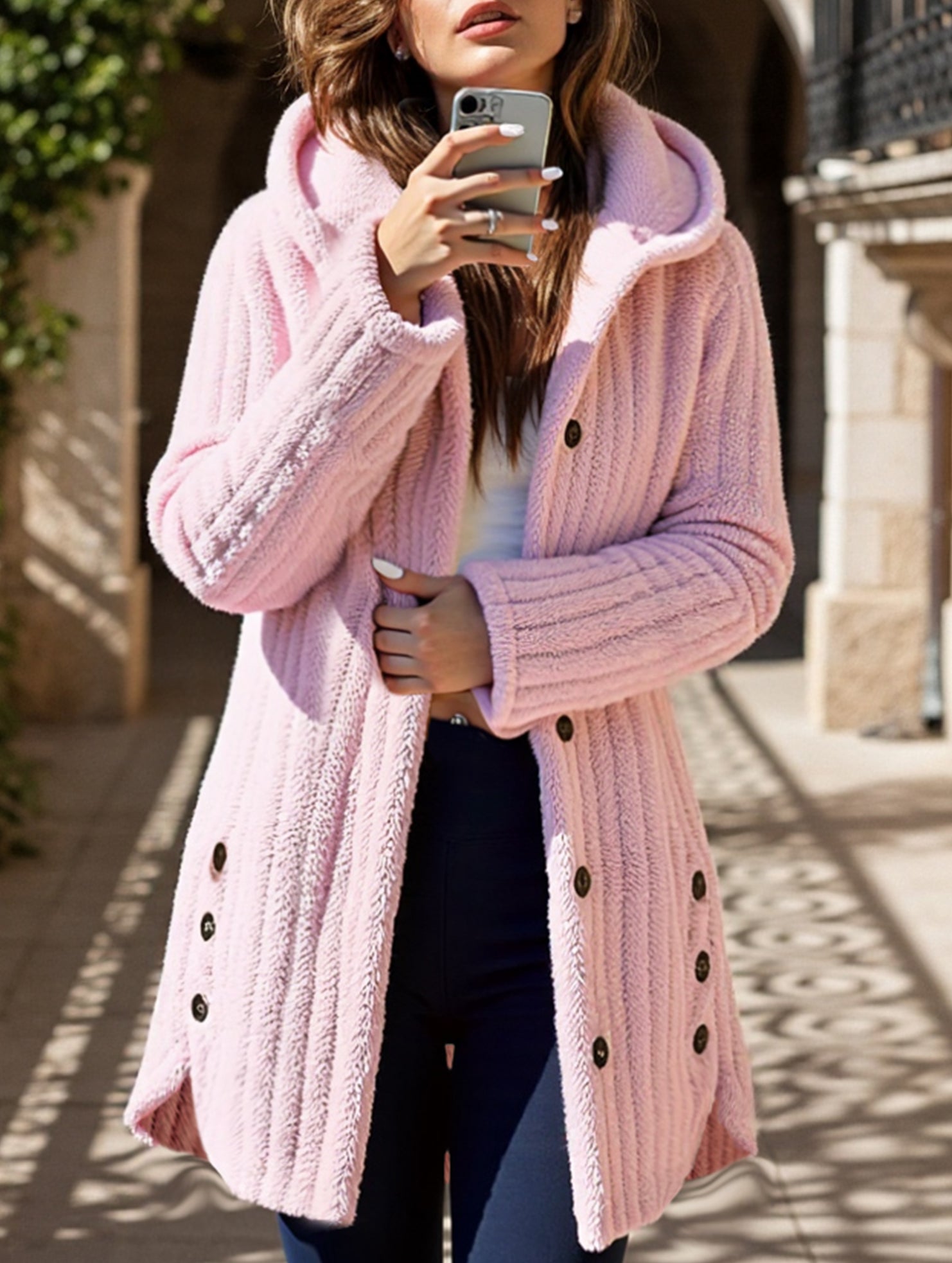 Solid color long-sleeved hooded loose jacket