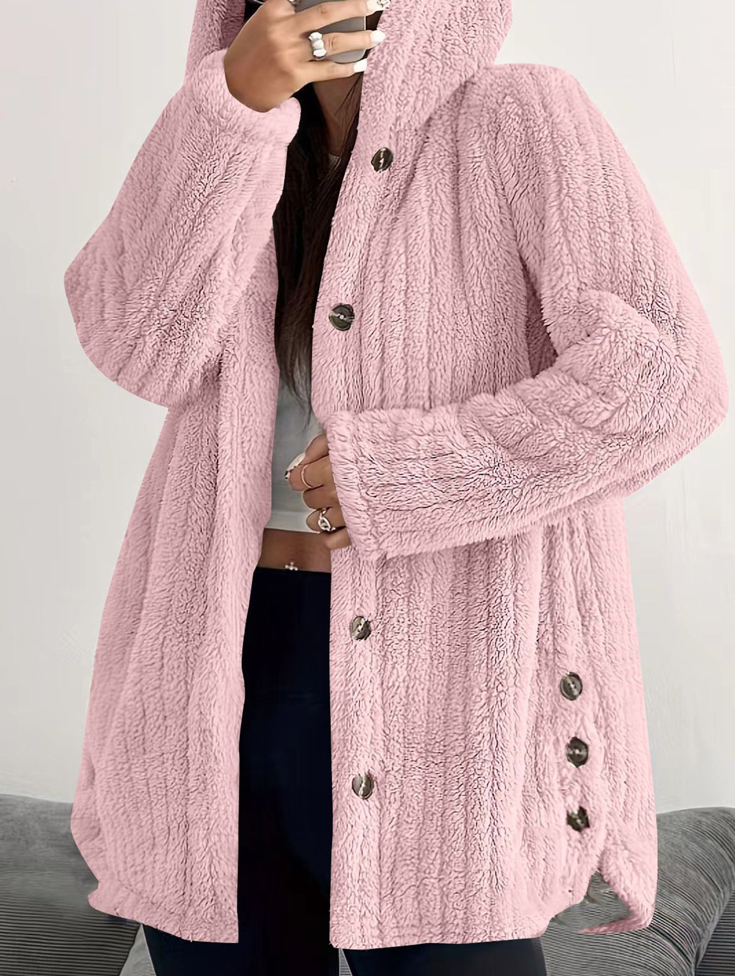 Solid color long-sleeved hooded loose jacket