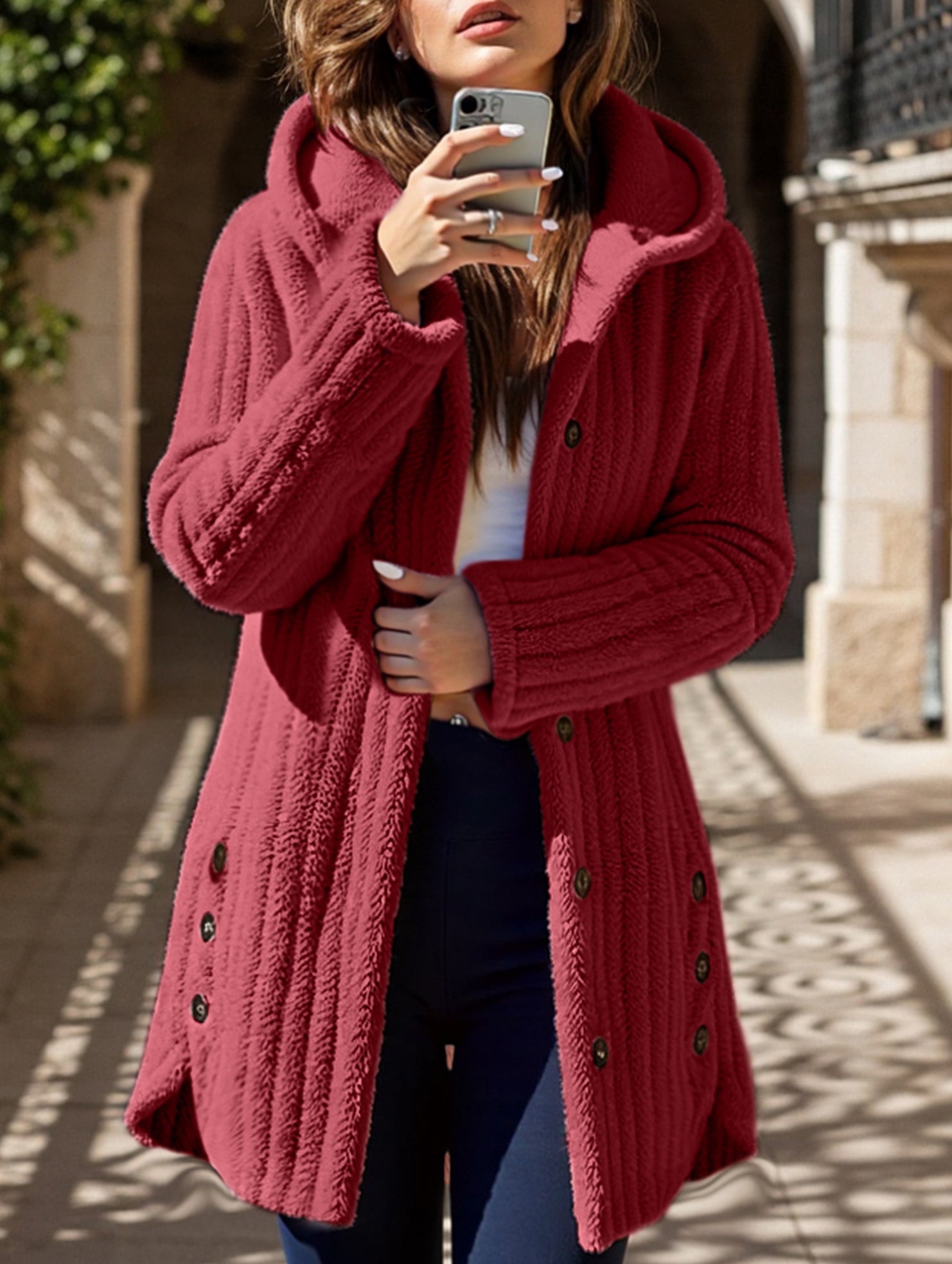 Solid color long-sleeved hooded loose jacket