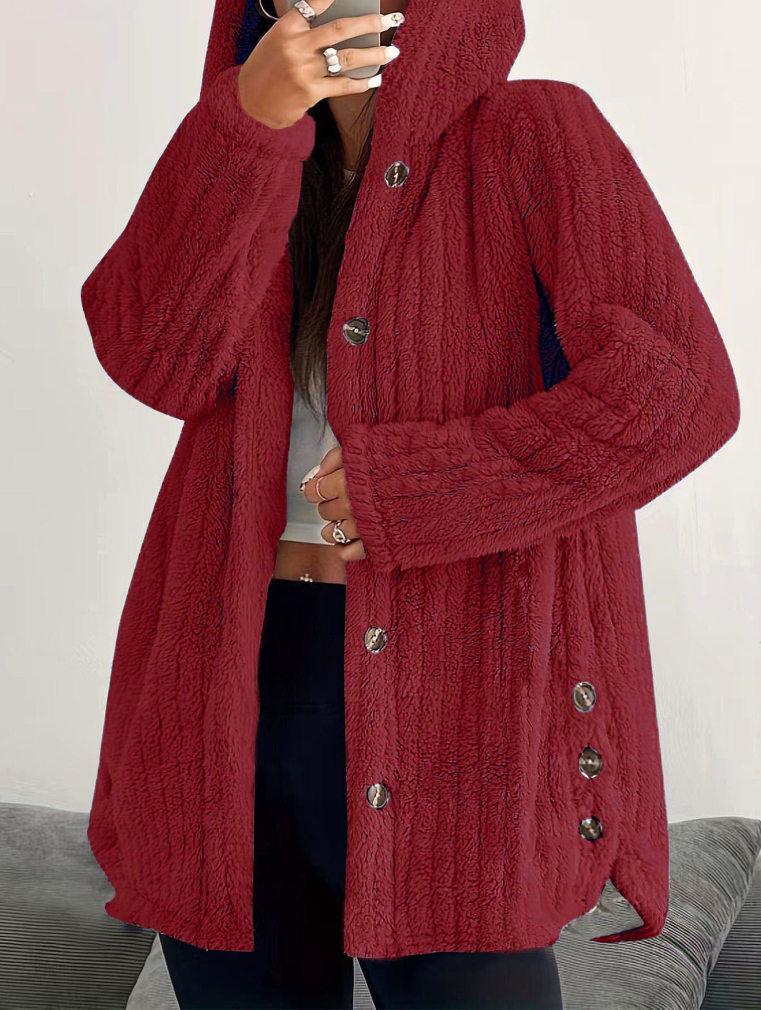 Solid color long-sleeved hooded loose jacket