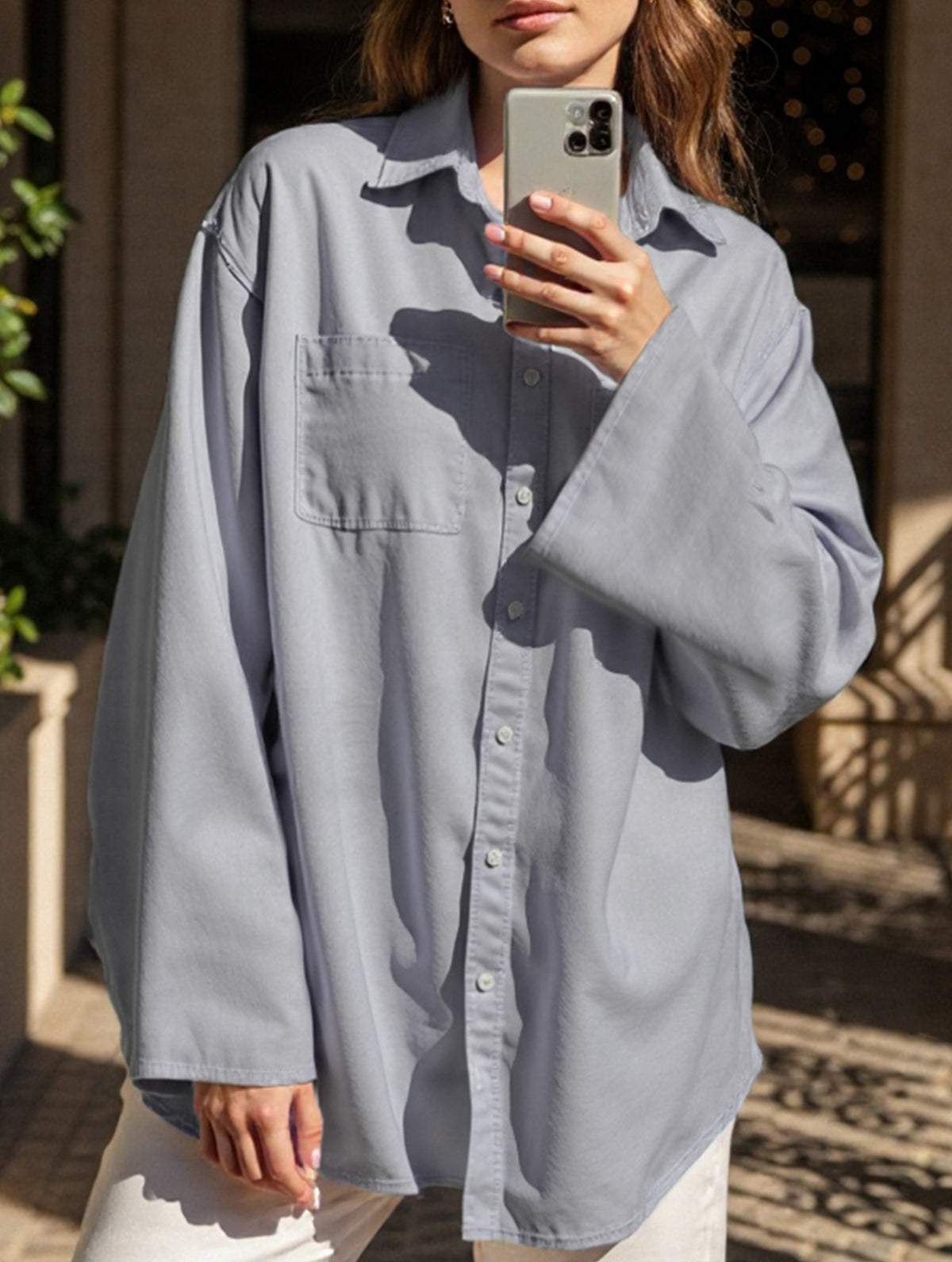 Stylish collared loose long-sleeved shirt