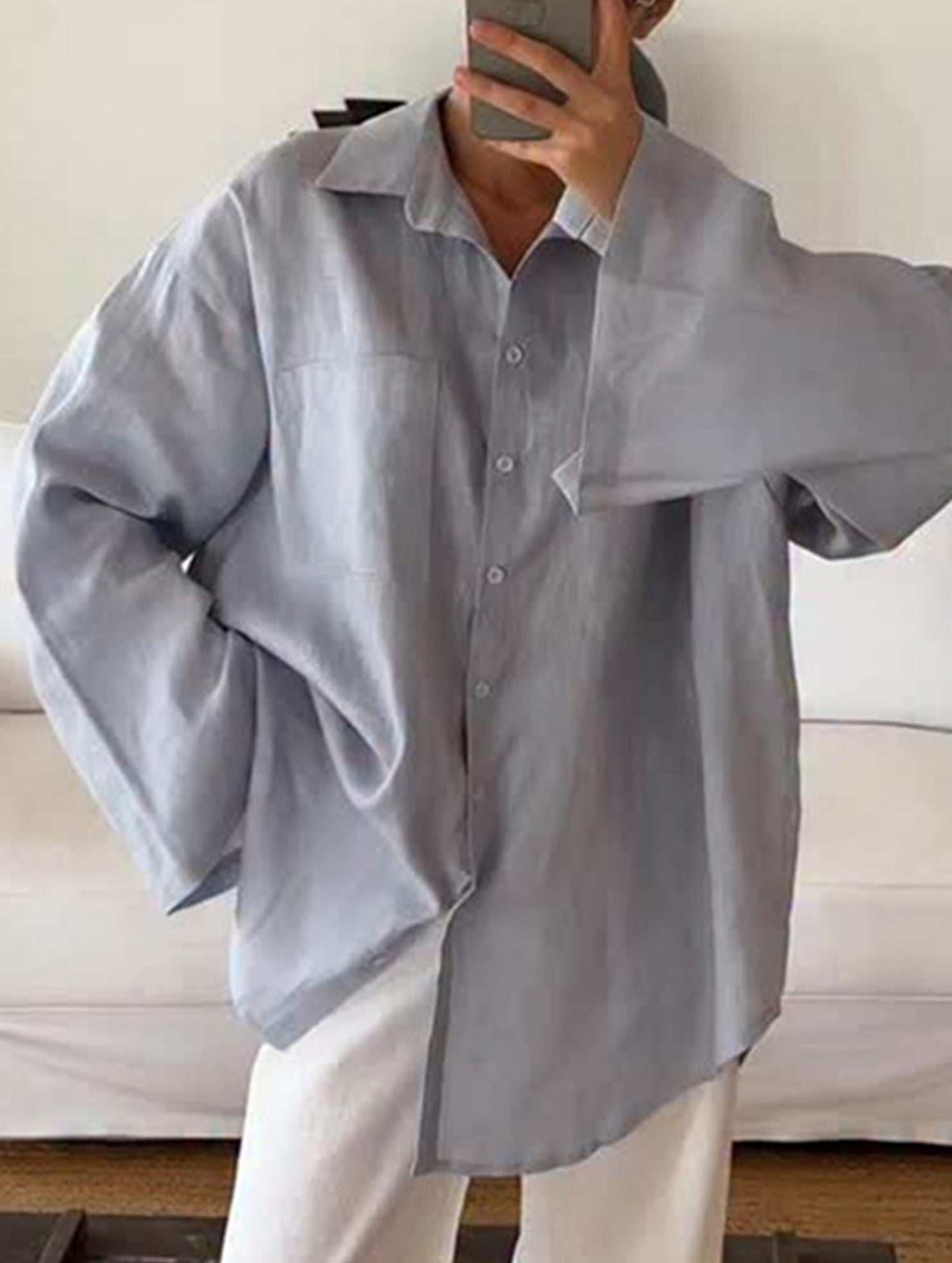 Stylish collared loose long-sleeved shirt