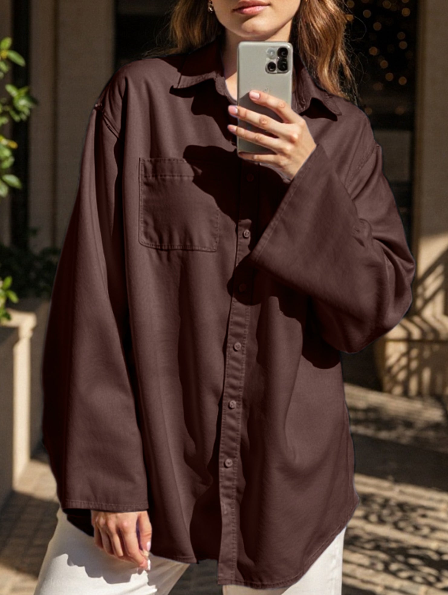 Stylish collared loose long-sleeved shirt