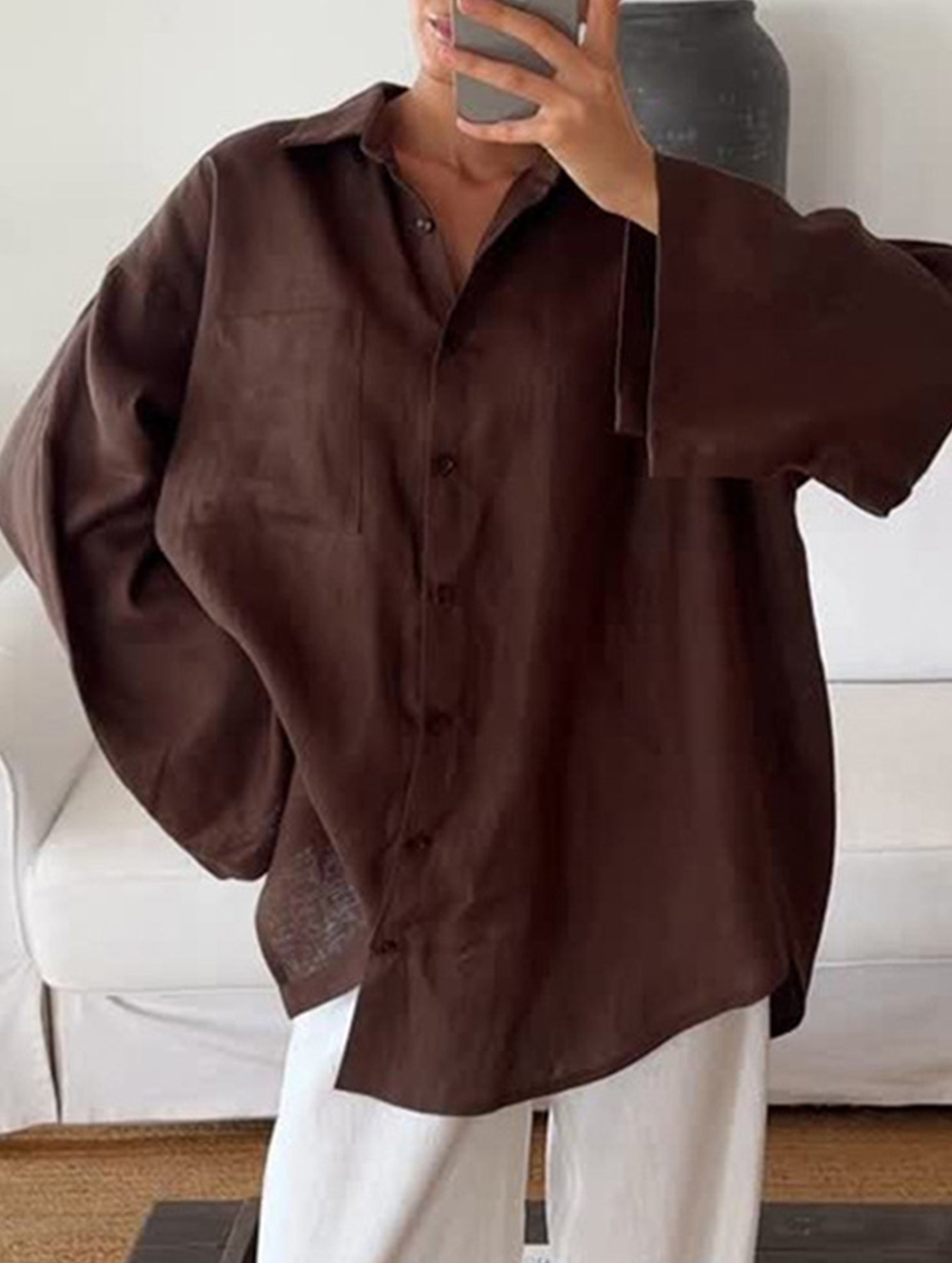 Stylish collared loose long-sleeved shirt