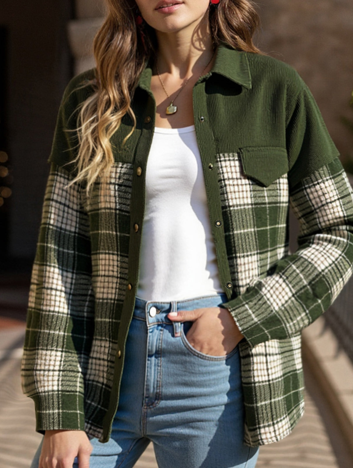 Plaid color-blocked shirt jacket