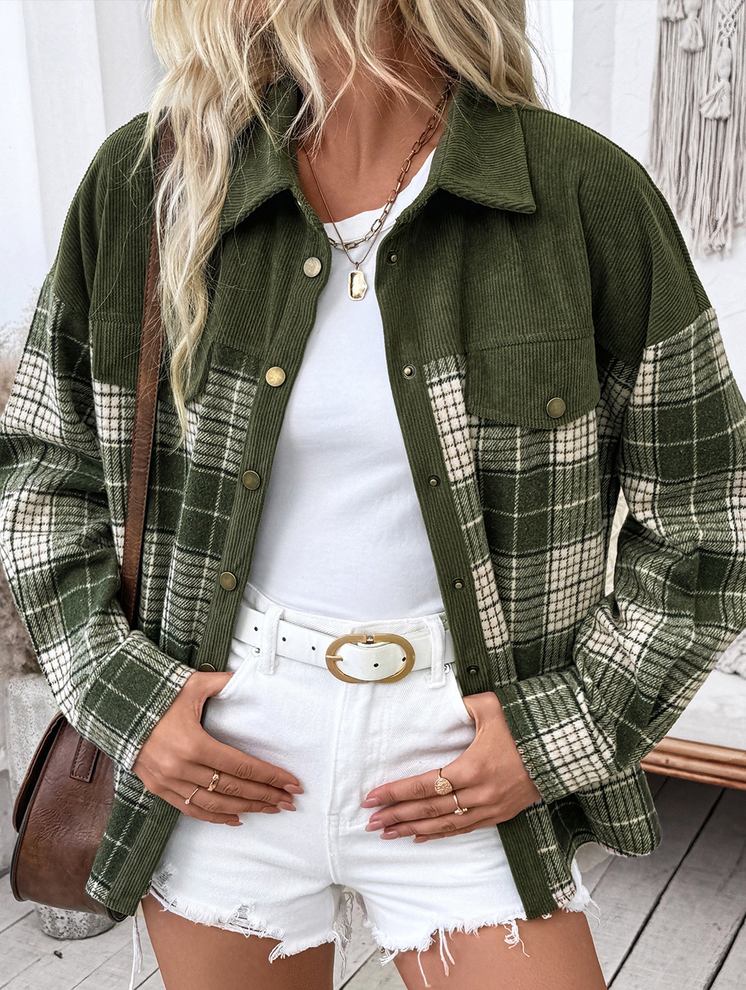 Plaid color-blocked shirt jacket
