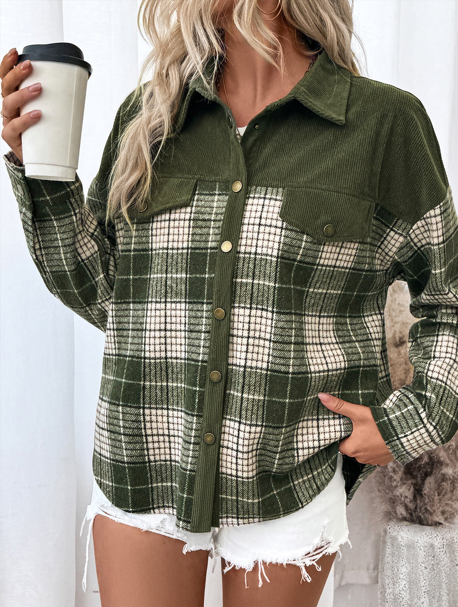 Plaid color-blocked shirt jacket