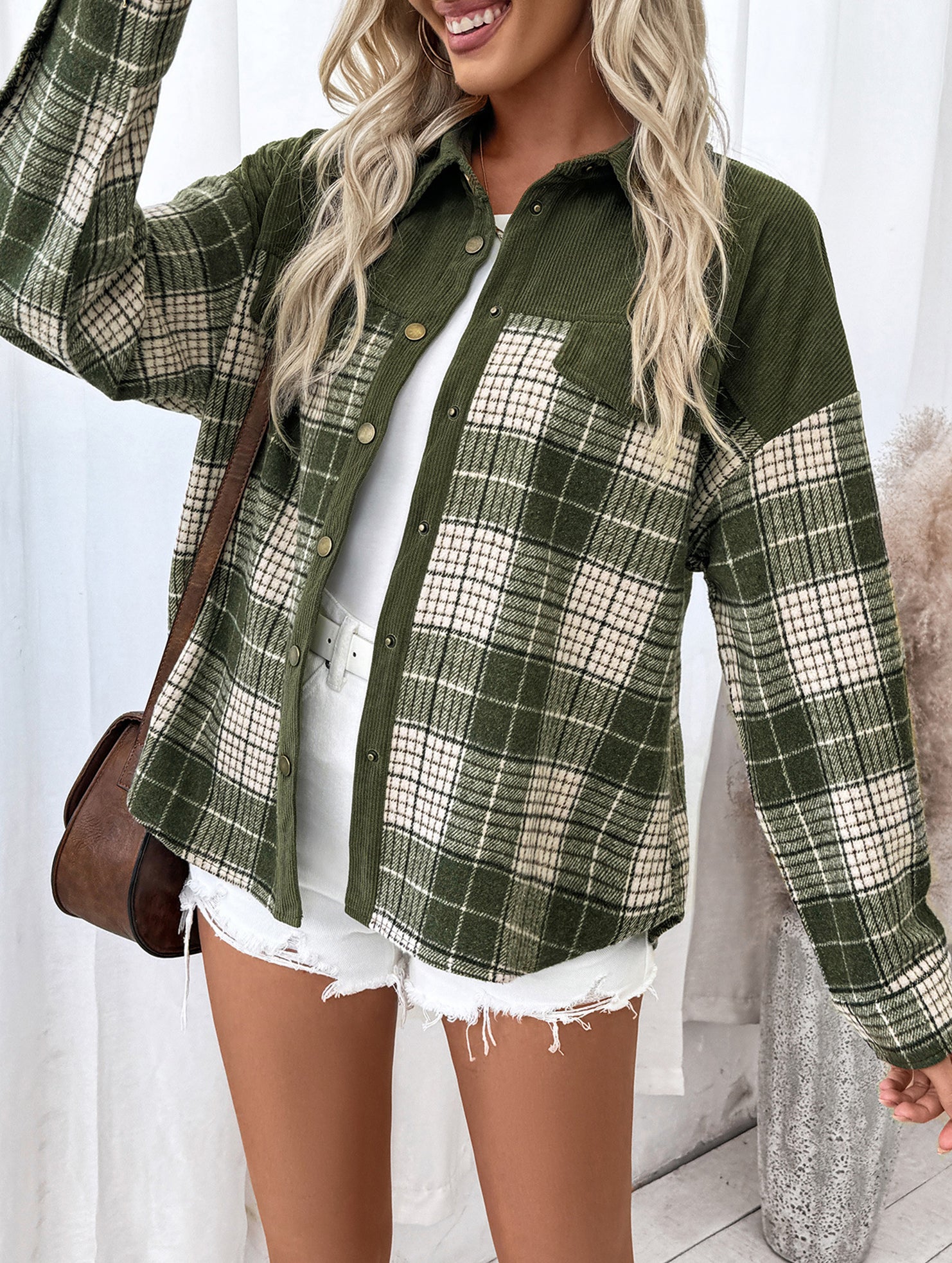 Plaid color-blocked shirt jacket