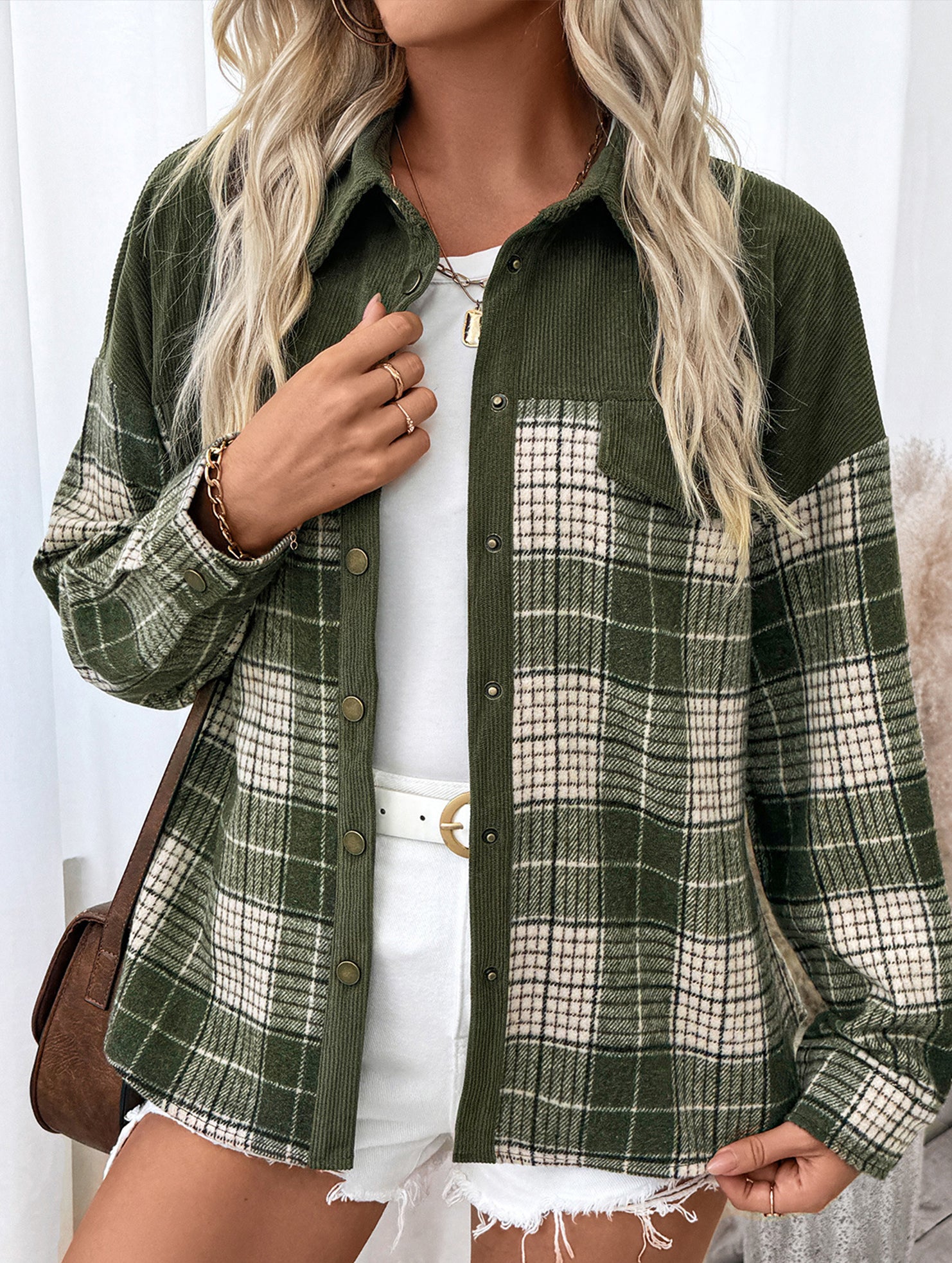 Plaid color-blocked shirt jacket